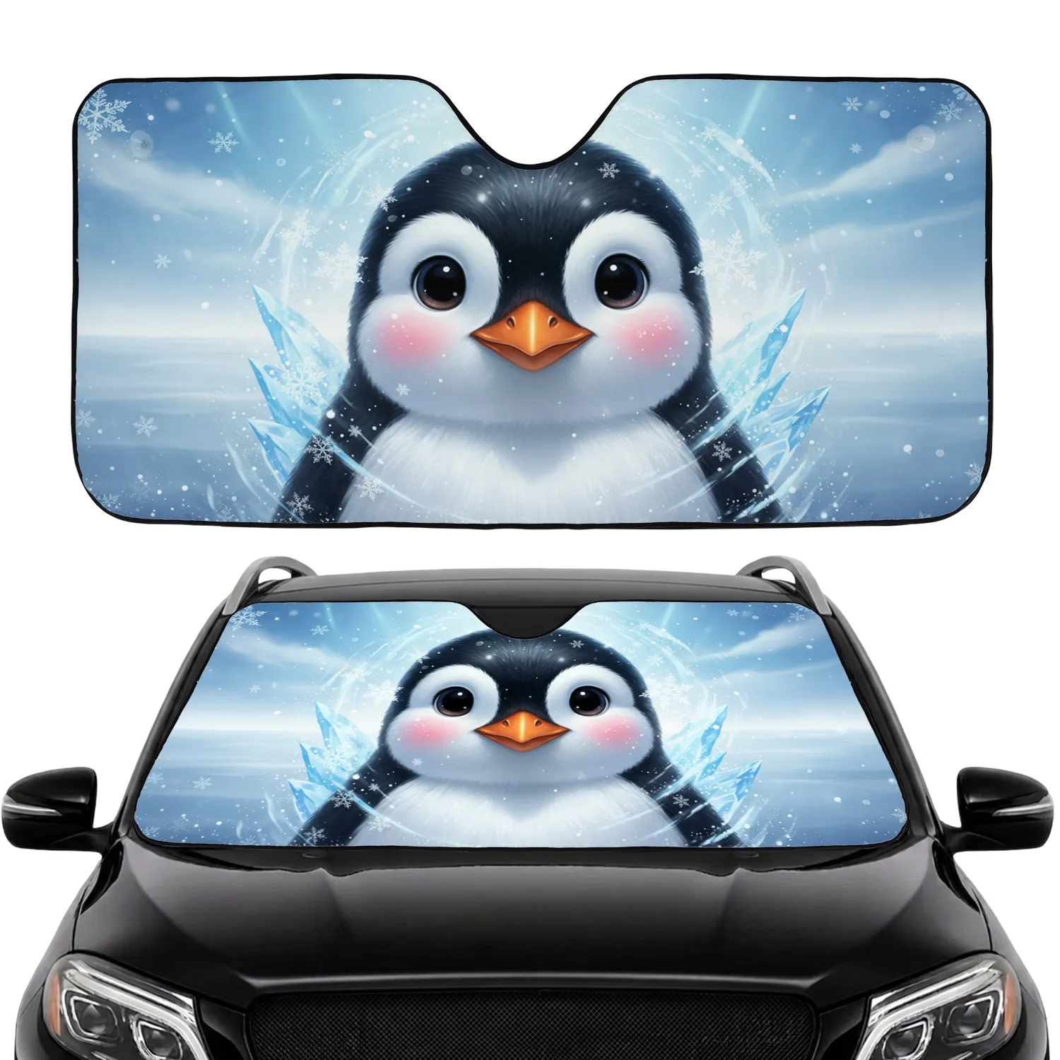 Penguin Face Arctic Snowflakes Ice Shards - Winter Holiday Gift Car Sunshade - 1