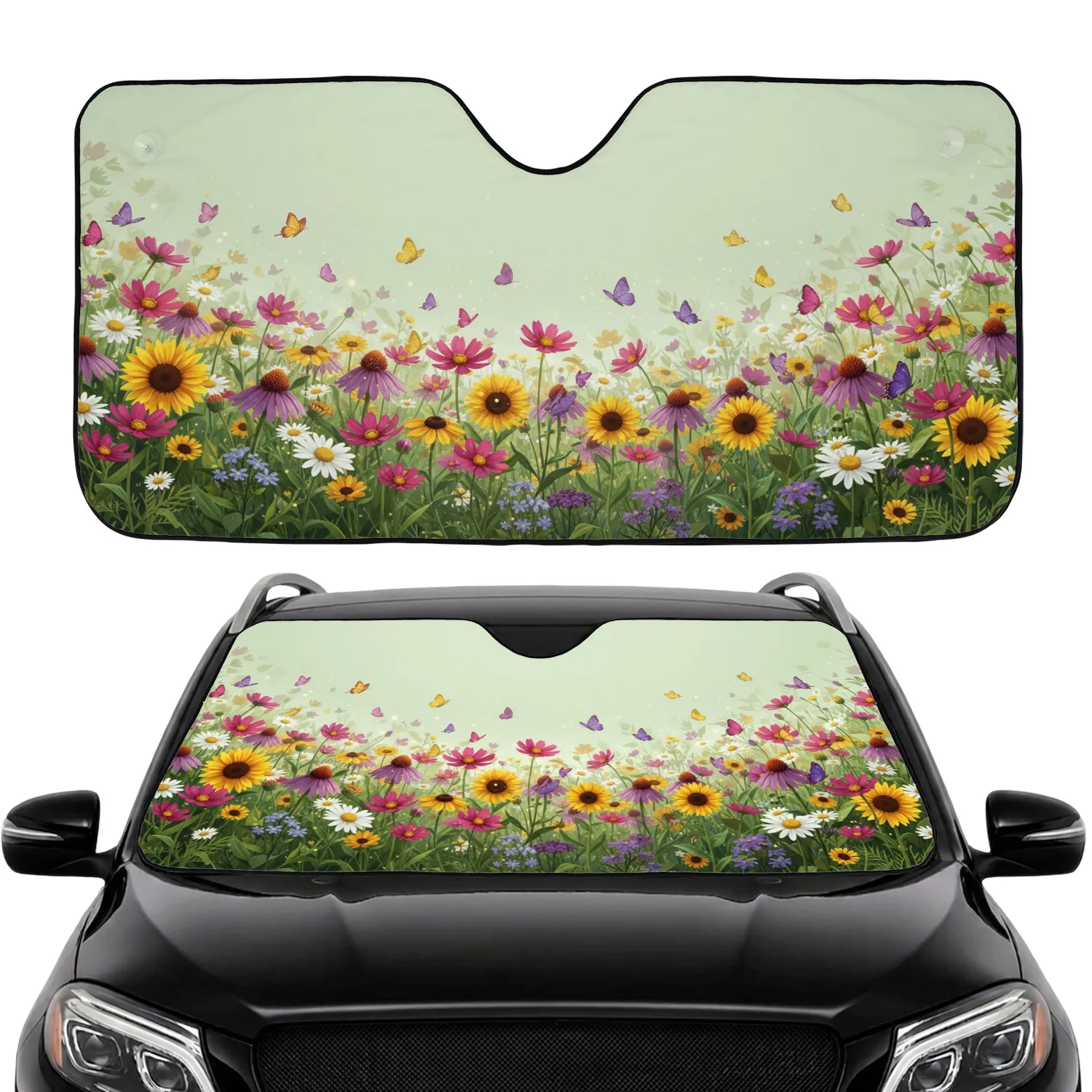 Wildflower Butterfly Meadow Cosmos Coneflower Sunflower Daisy - Nature Lover Gift Car Sunshade - 1
