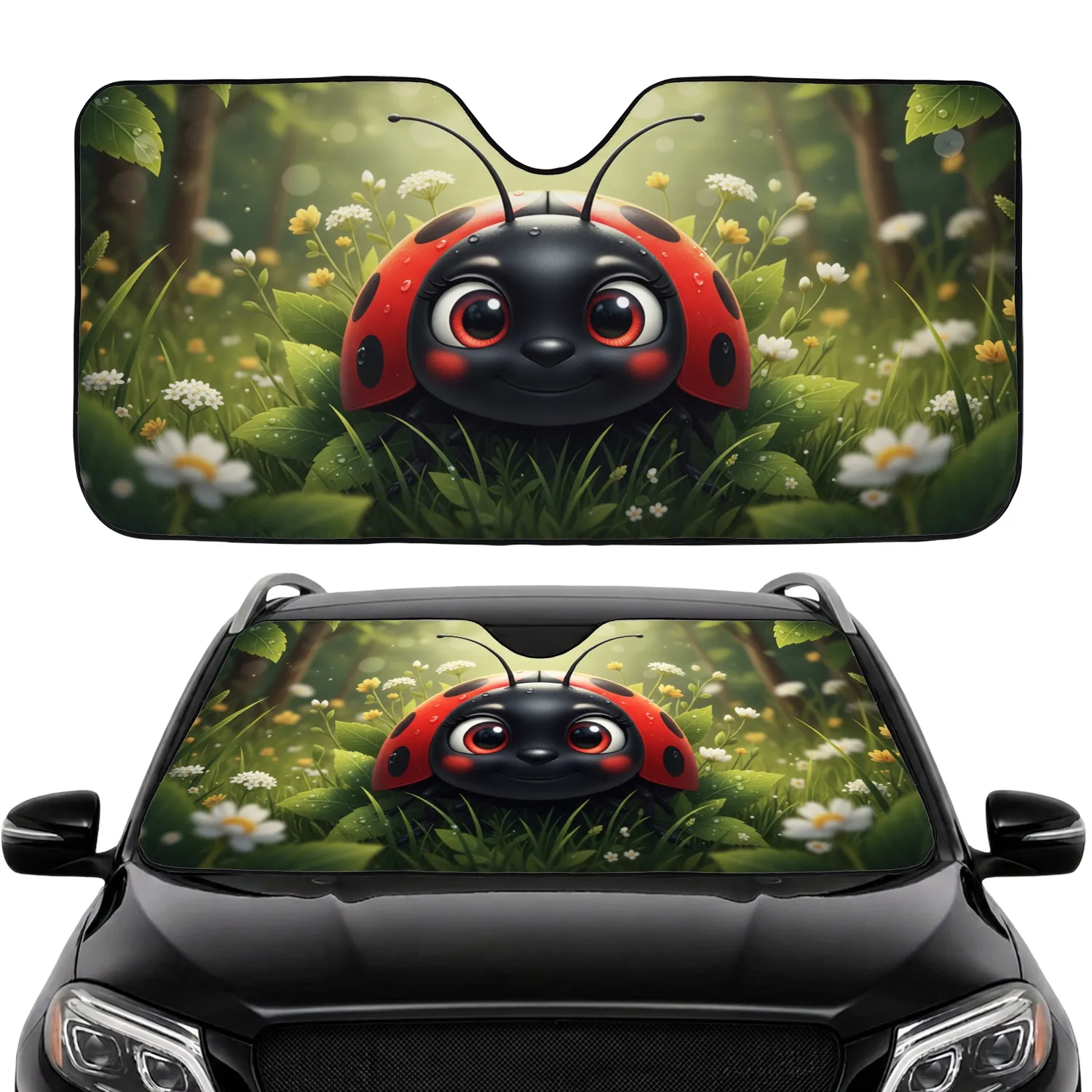 Red Spotted Ladybug Dewdrop Green Leaves Wildflower Meadow - Garden Lover Decor Gift Car Sunshade - 1