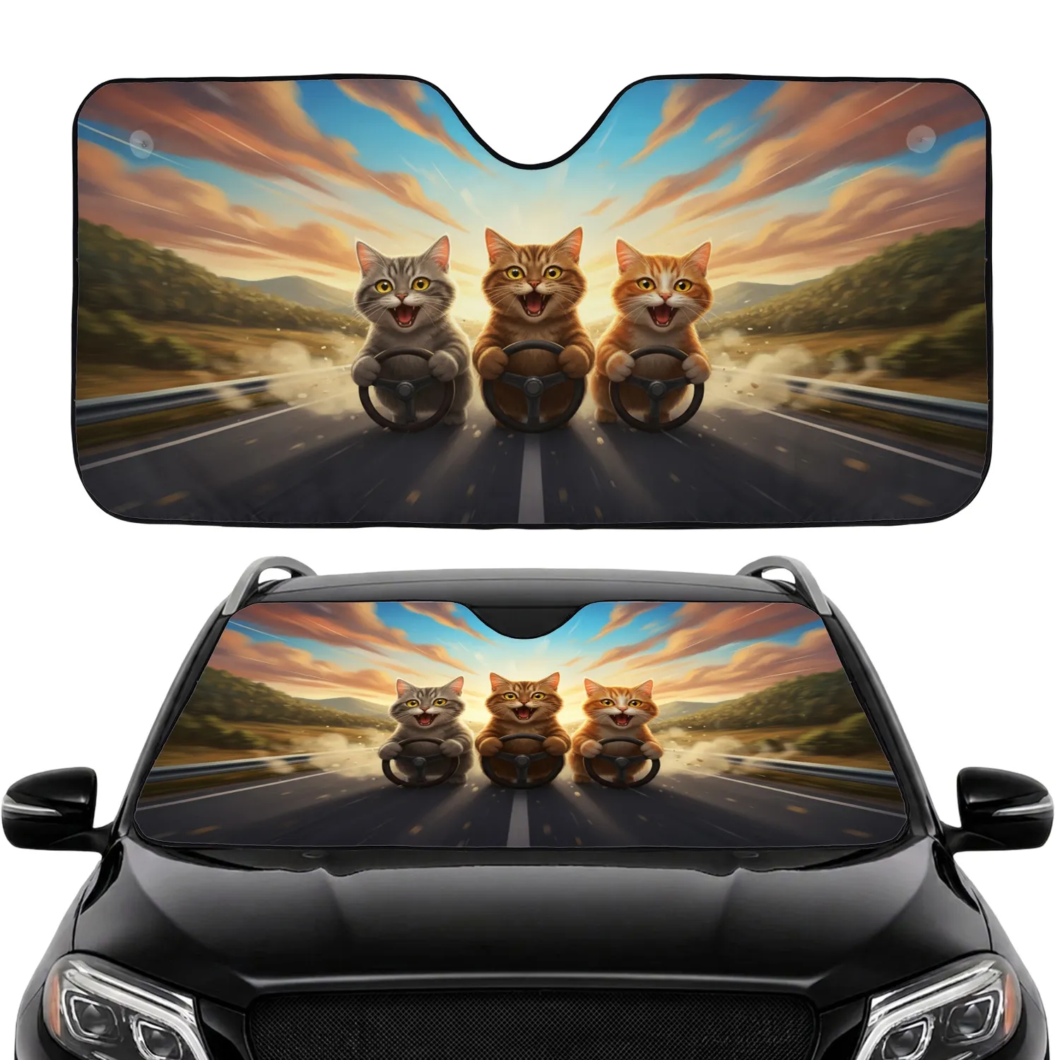 Grey Brown Ginger Tabby Cats Driving Adventure - Auto Accessory for Cat Owners Car Sunshade - 1