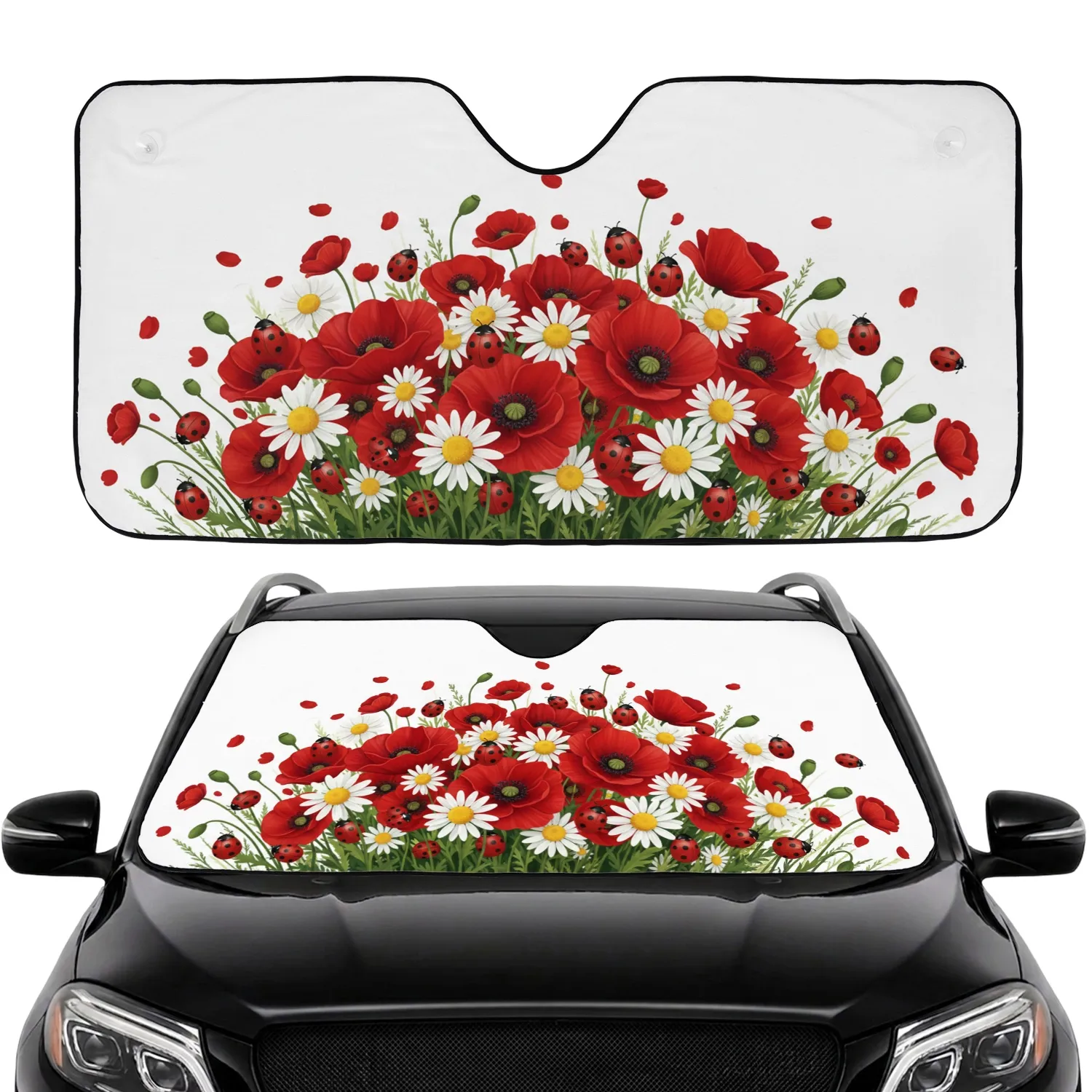 Ladybug Poppy Daisy Field - Vibrant Summer Bloom Car Decor Car Sunshade - 1