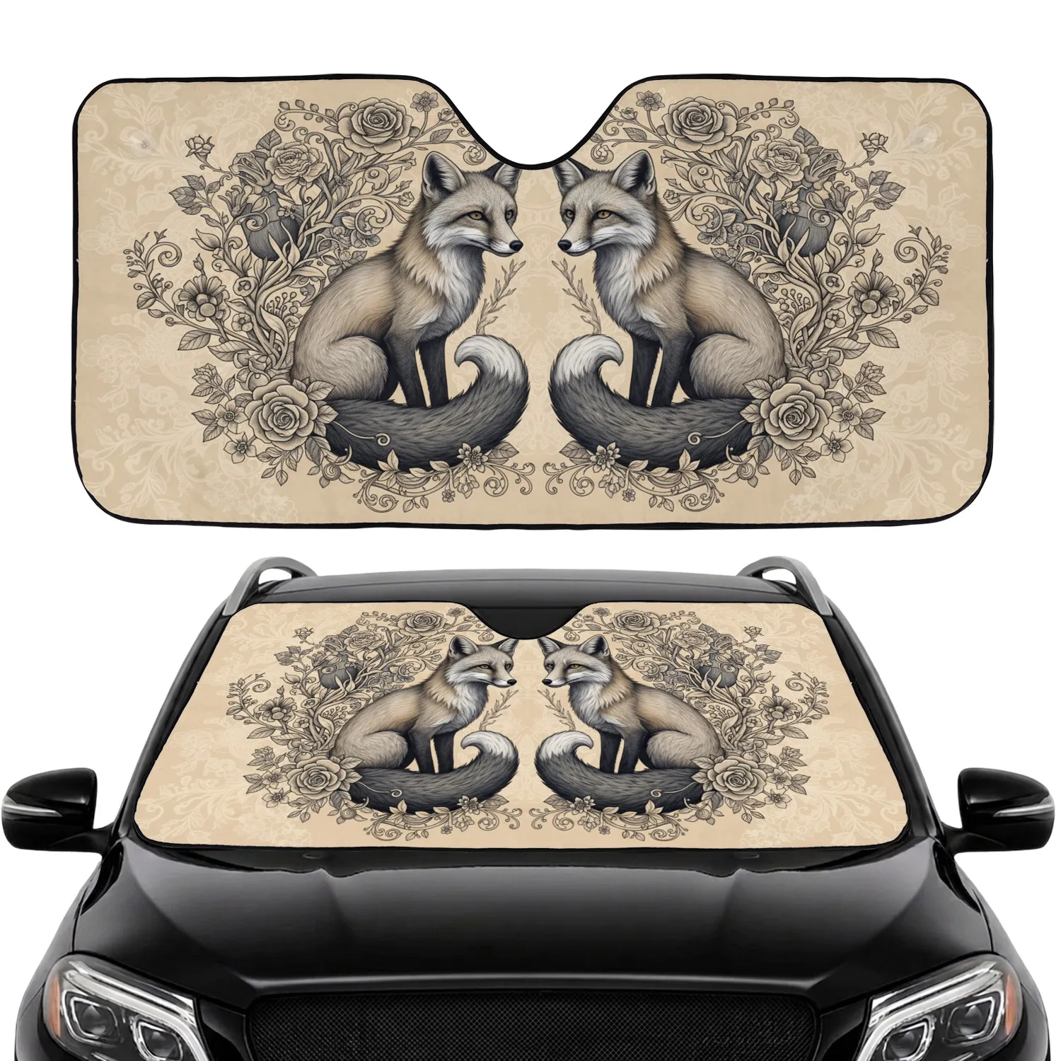 Realistic Mirrored Foxes Wild Roses Etched Floral Botanical - Wildlife Lover Gift Car Sunshade - 1