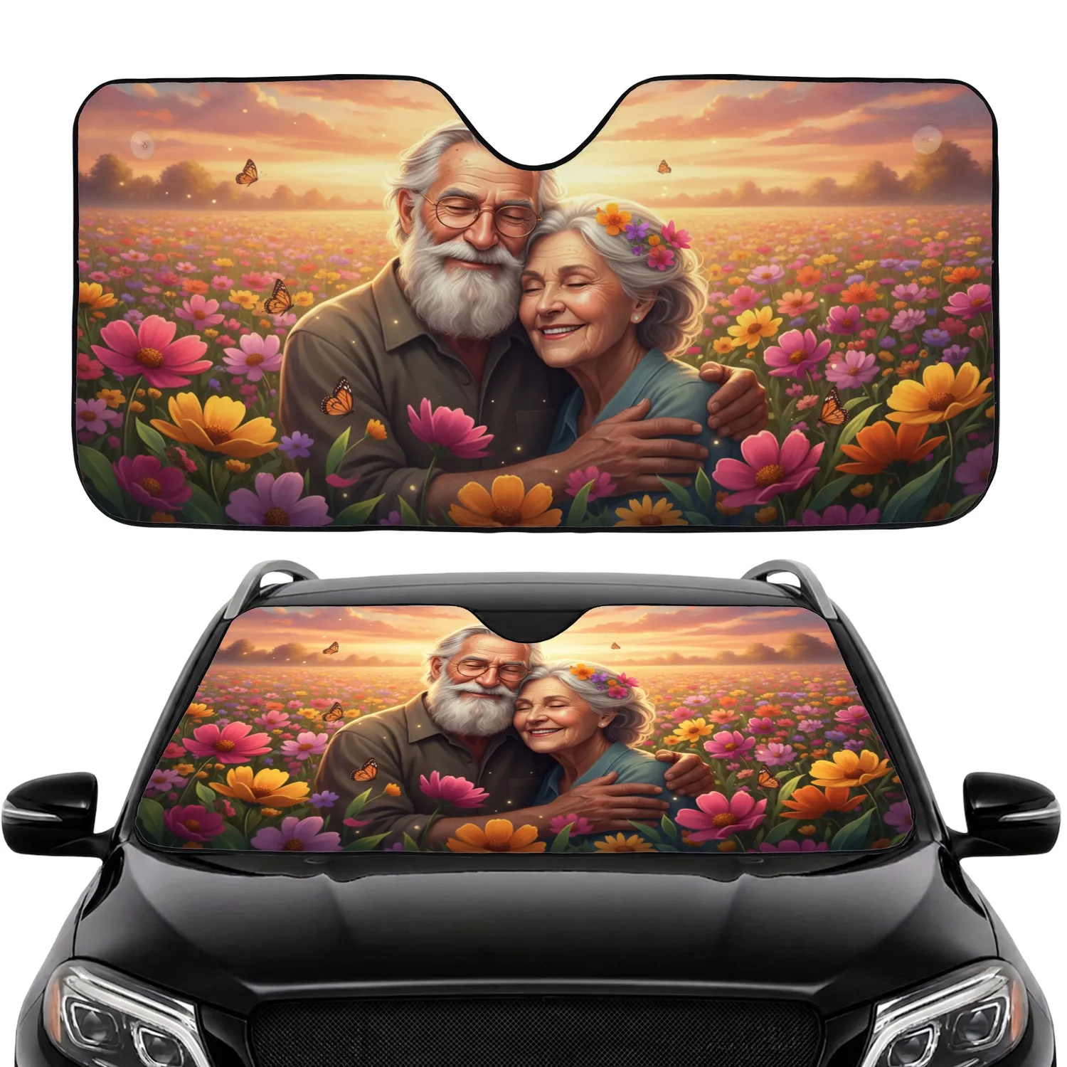 Loving Elderly Couple Wildflower Sunset - Everlasting Love Gift for Grandparents Car Sunshade - 1