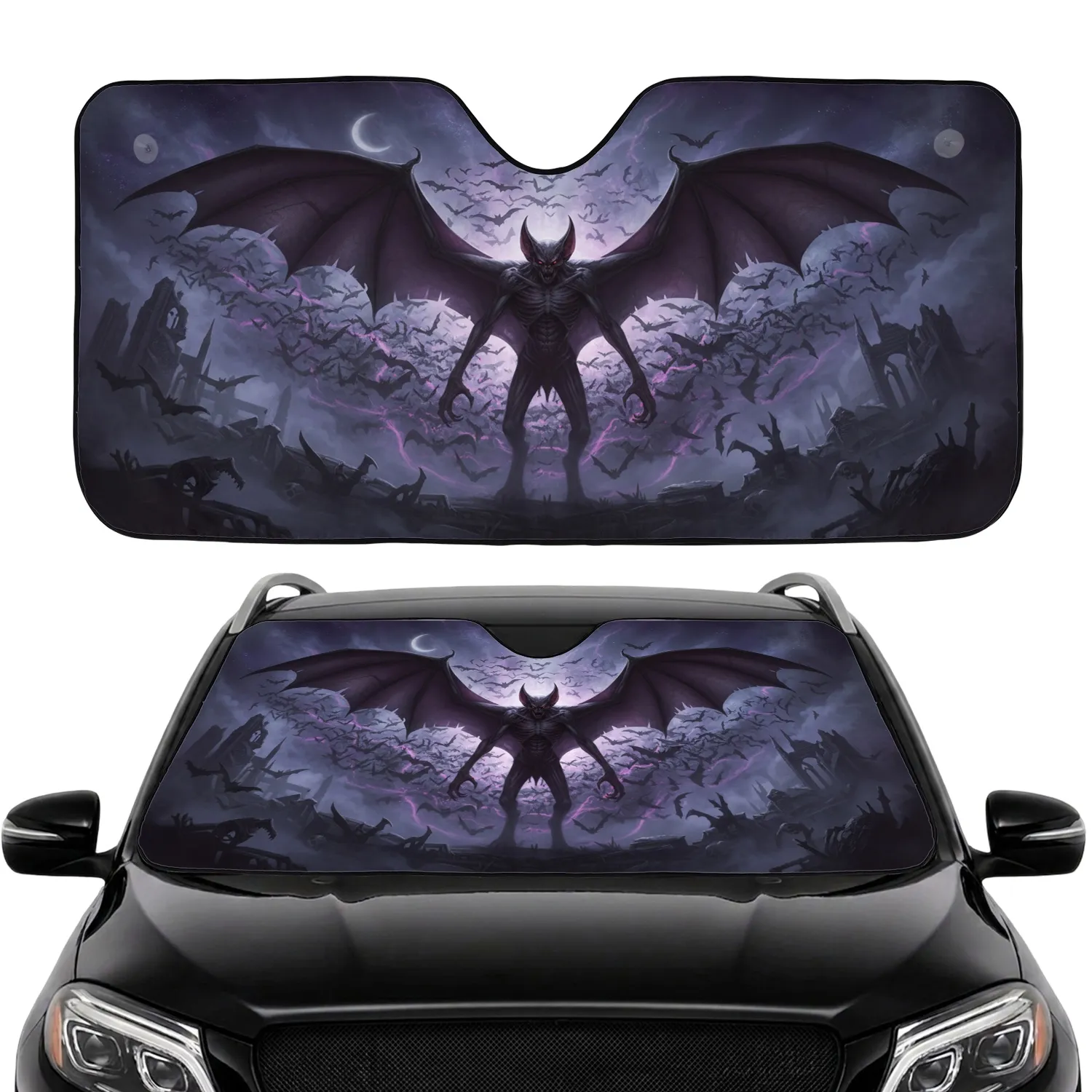 Colossal Demonic Bat Swarm Gothic Ruins Moon - Cinematic Horror Fan Gift Car Sunshade - 1