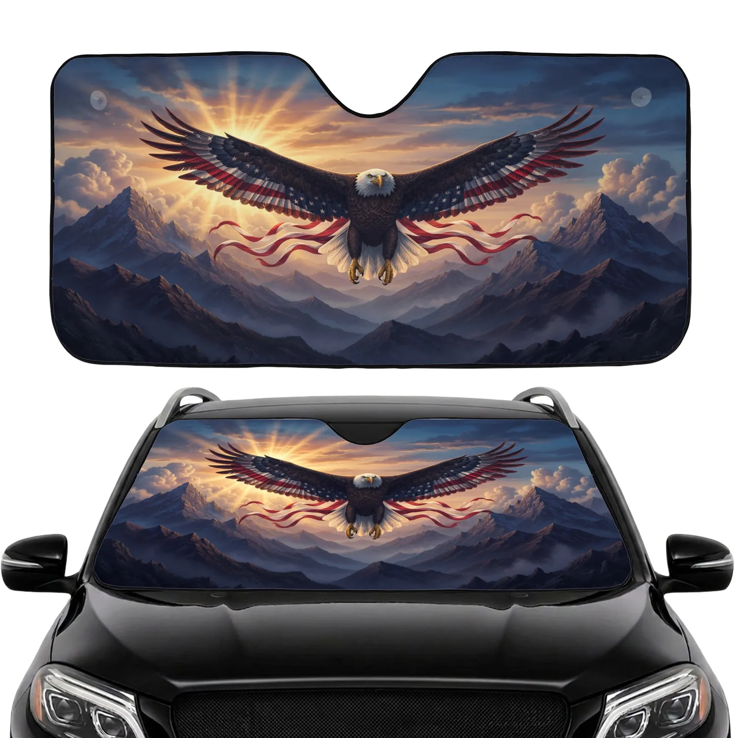 Bald Eagle American Flag Mountains Twilight Sky - Independence Day Patriotic Gift Car Sunshade - 1