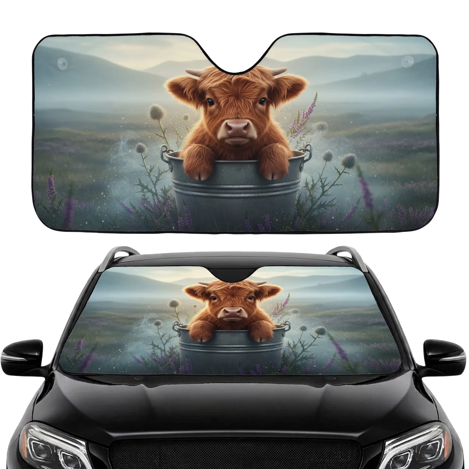 Baby Highland Cow in Bucket Scottish Moorland - Farmhouse Decor Gift for Cow Lover Car Sunshade - 1