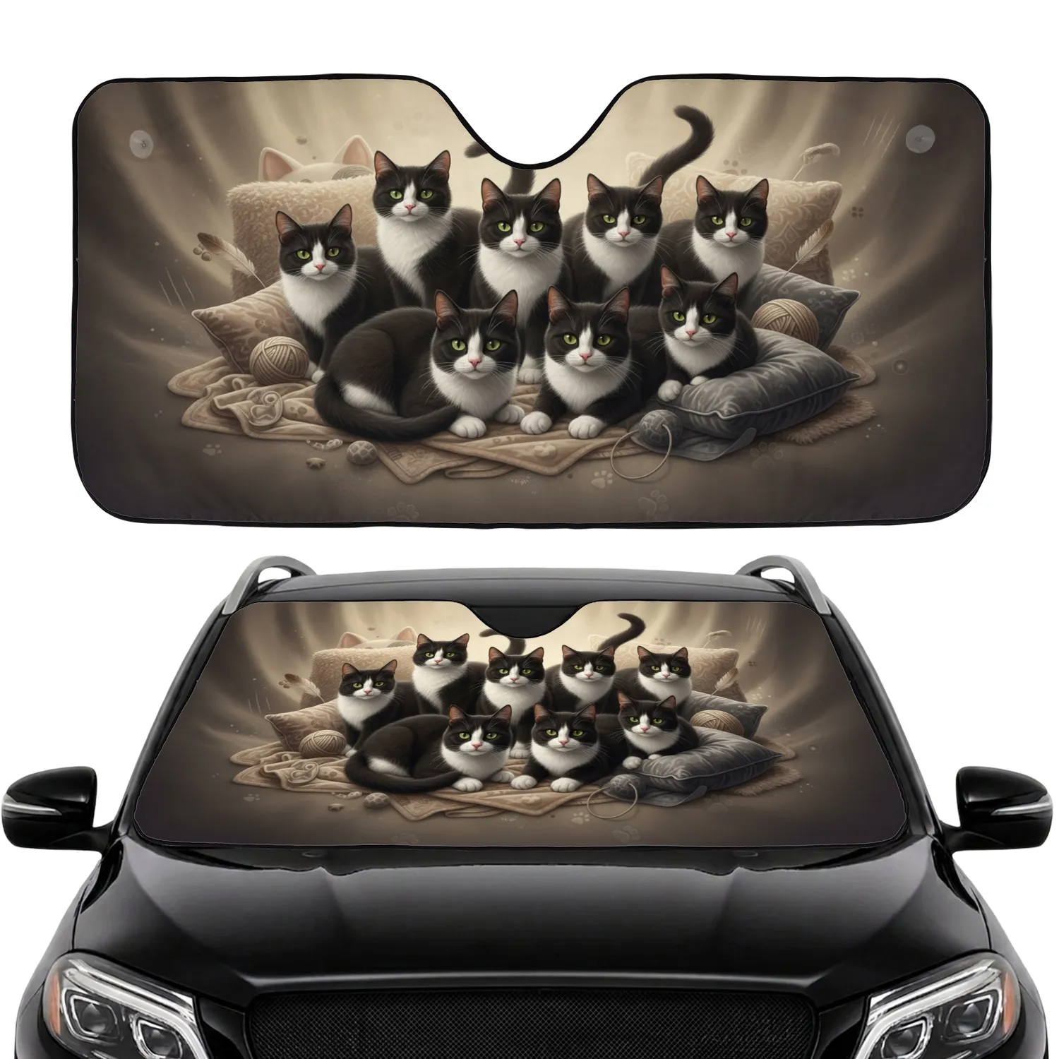 Tuxedo Cats Plush Furnishings Paw Prints - Home Decor Gift for Cat Owners Car Sunshade - 1