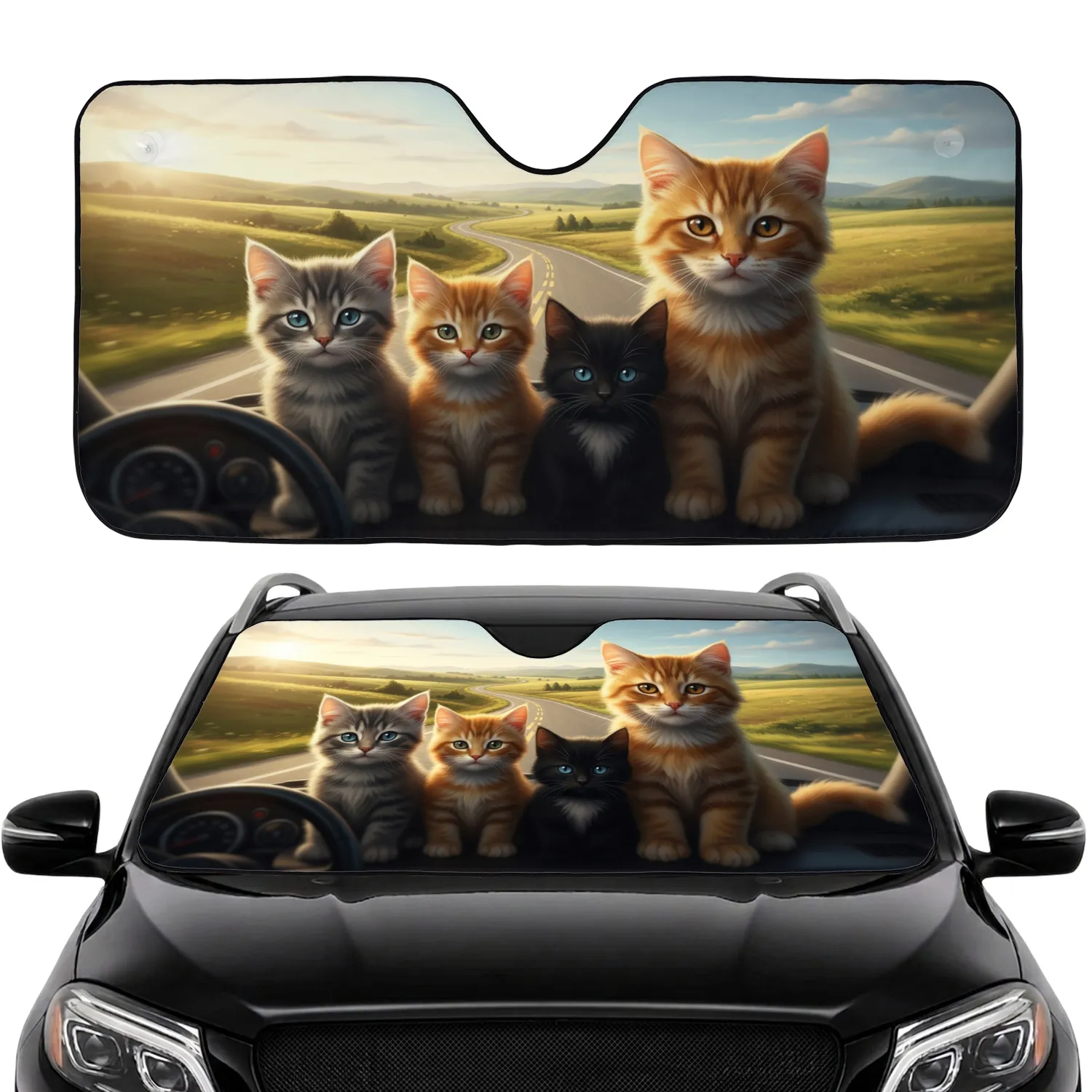 Four Realistic Kittens Road Trip - Travel Essentials Cat Lover Gift Car Sunshade - 1