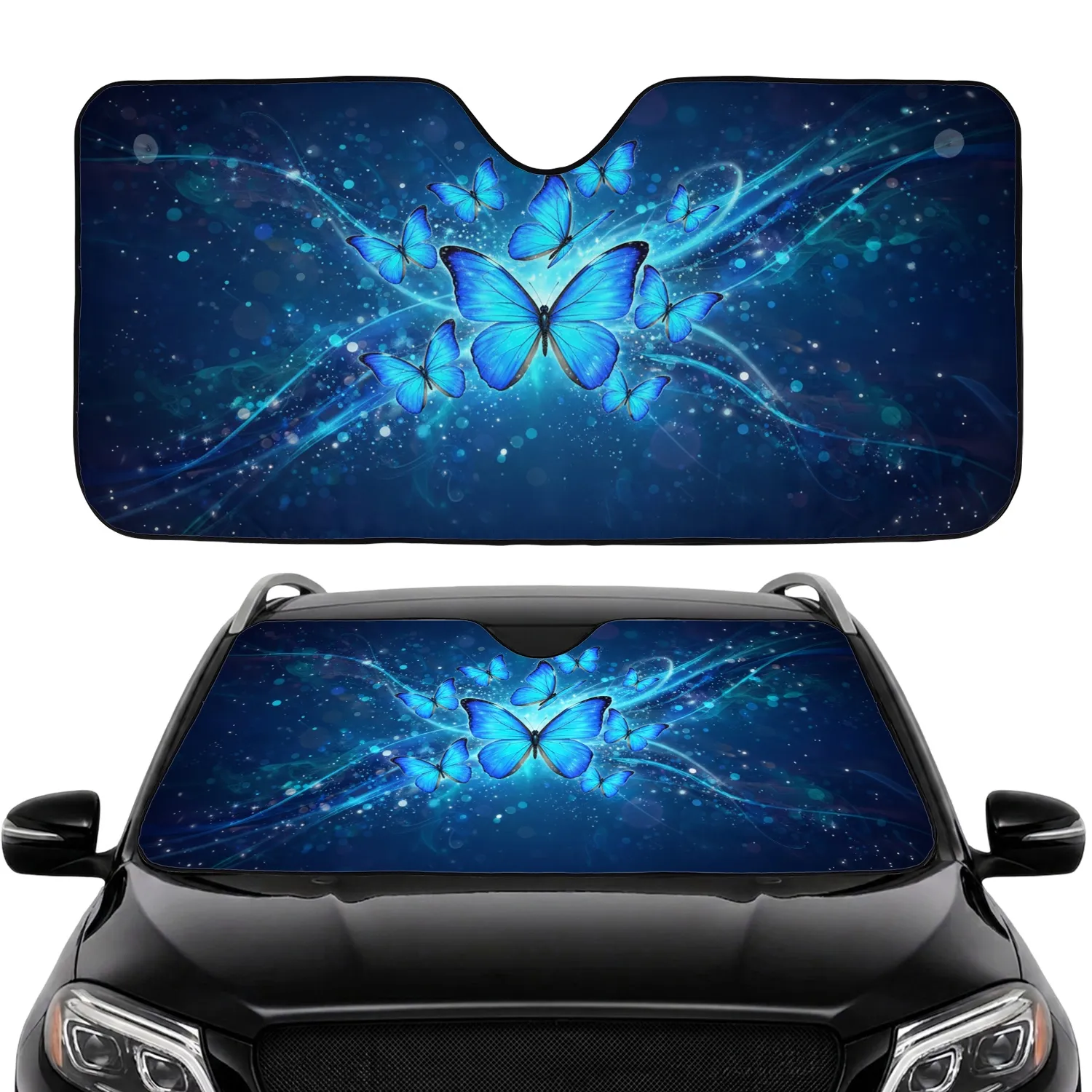 Realistic Seven Glowing Blue Butterflies Translucent Wings Ethereal Nature Decor Car Sunshade - 1