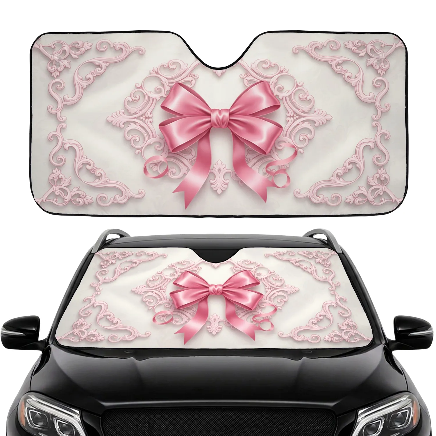 Magnificent Pink Satin Bow Ornate Rococo Scrollwork - Car Decor Gift for Her Car Sunshade - 1