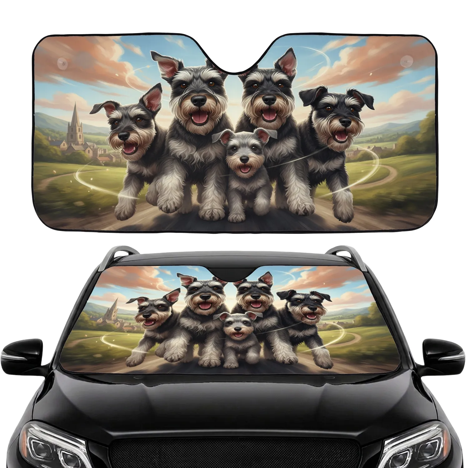 Five Schnauzer Dogs Urban Countryside Journey - Road Trip Essential Dog Lover Gift Car Sunshade - 1