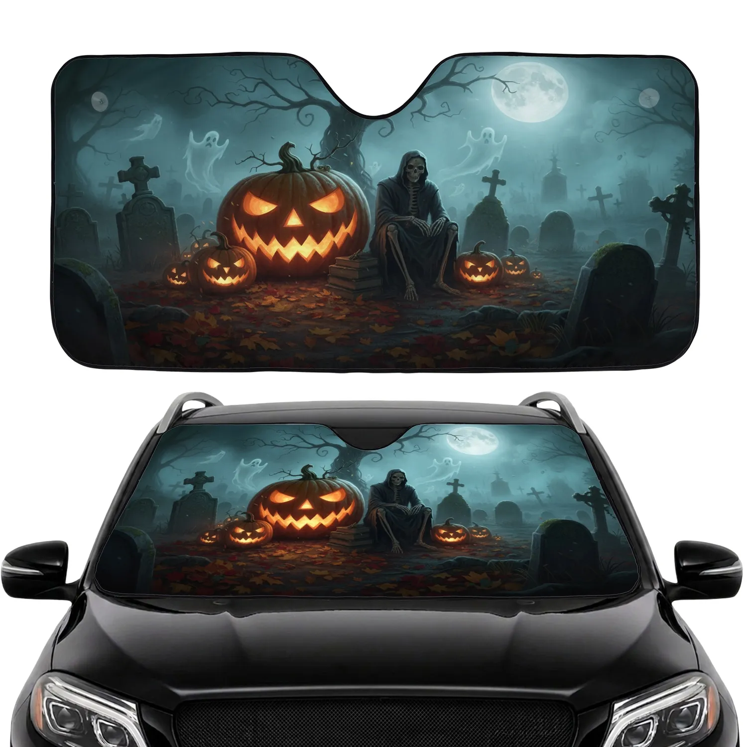 Jack-o'-lantern Skeleton Graveyard Full Moon - Spooky Halloween Fall Scene Car Sunshade - 1