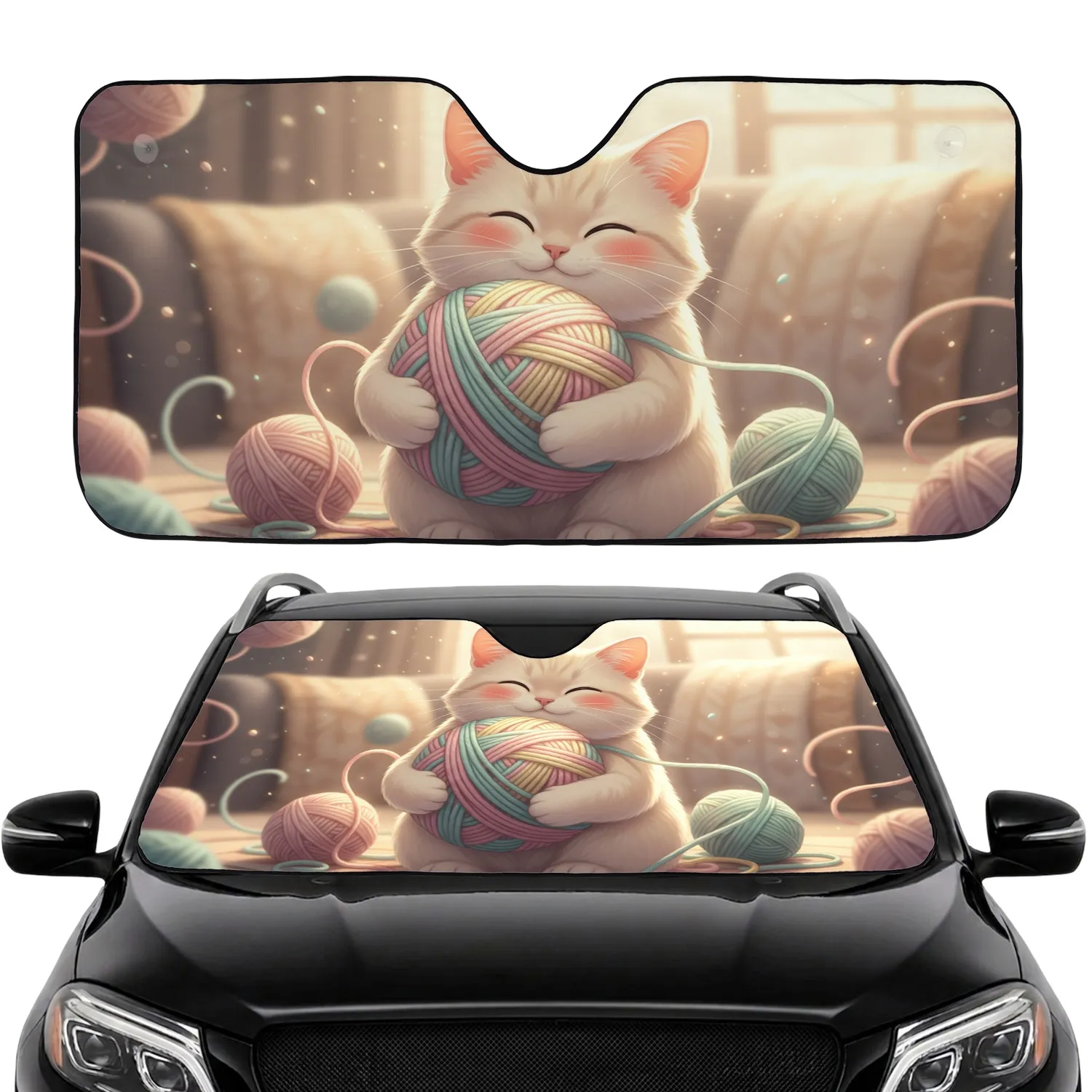 Smiling Cat Hugging Yarn Ball - Cat Lover Car Decor Gift Car Sunshade - 1