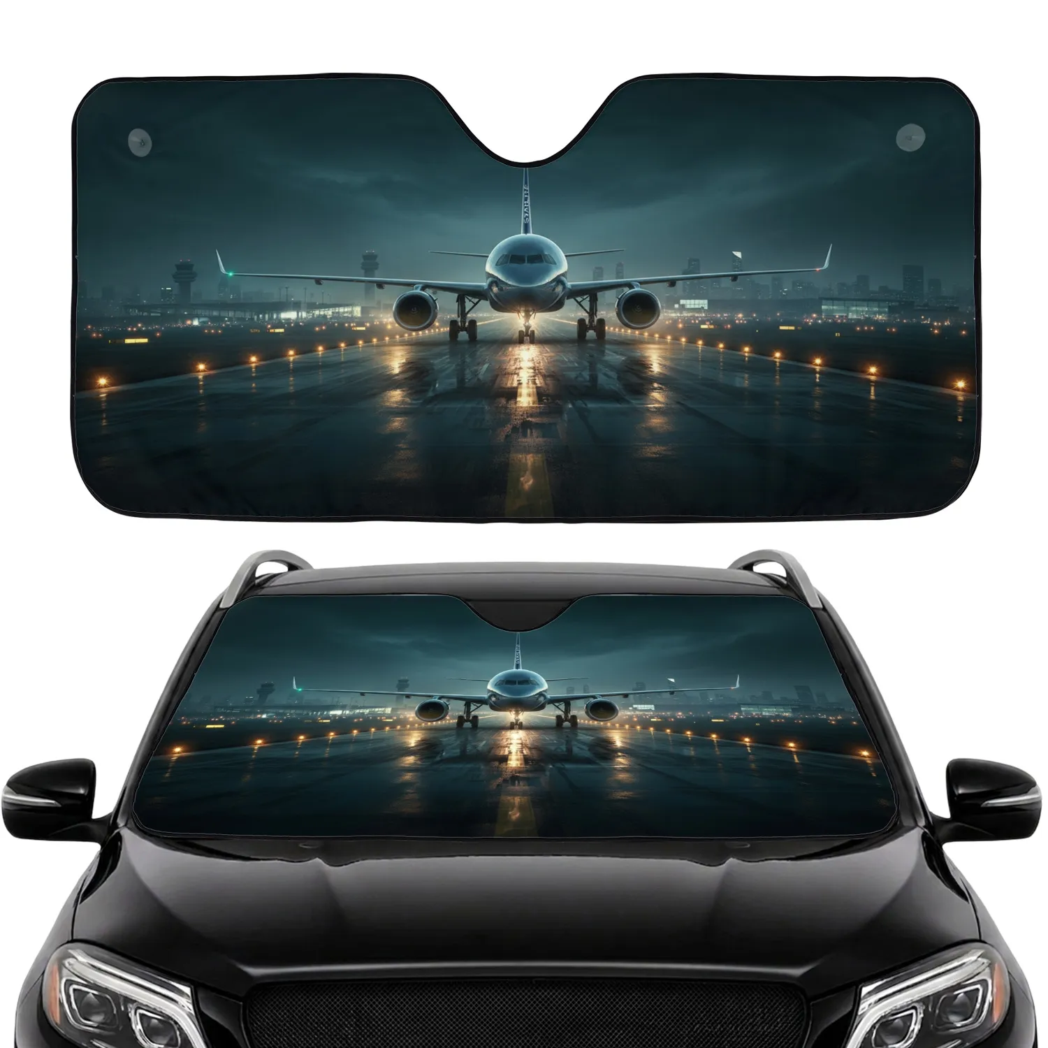 Airplane Landing Lights Wet Tarmac Runway Reflections Night - Aviation Enthusiast Gift Car Sunshade - 1
