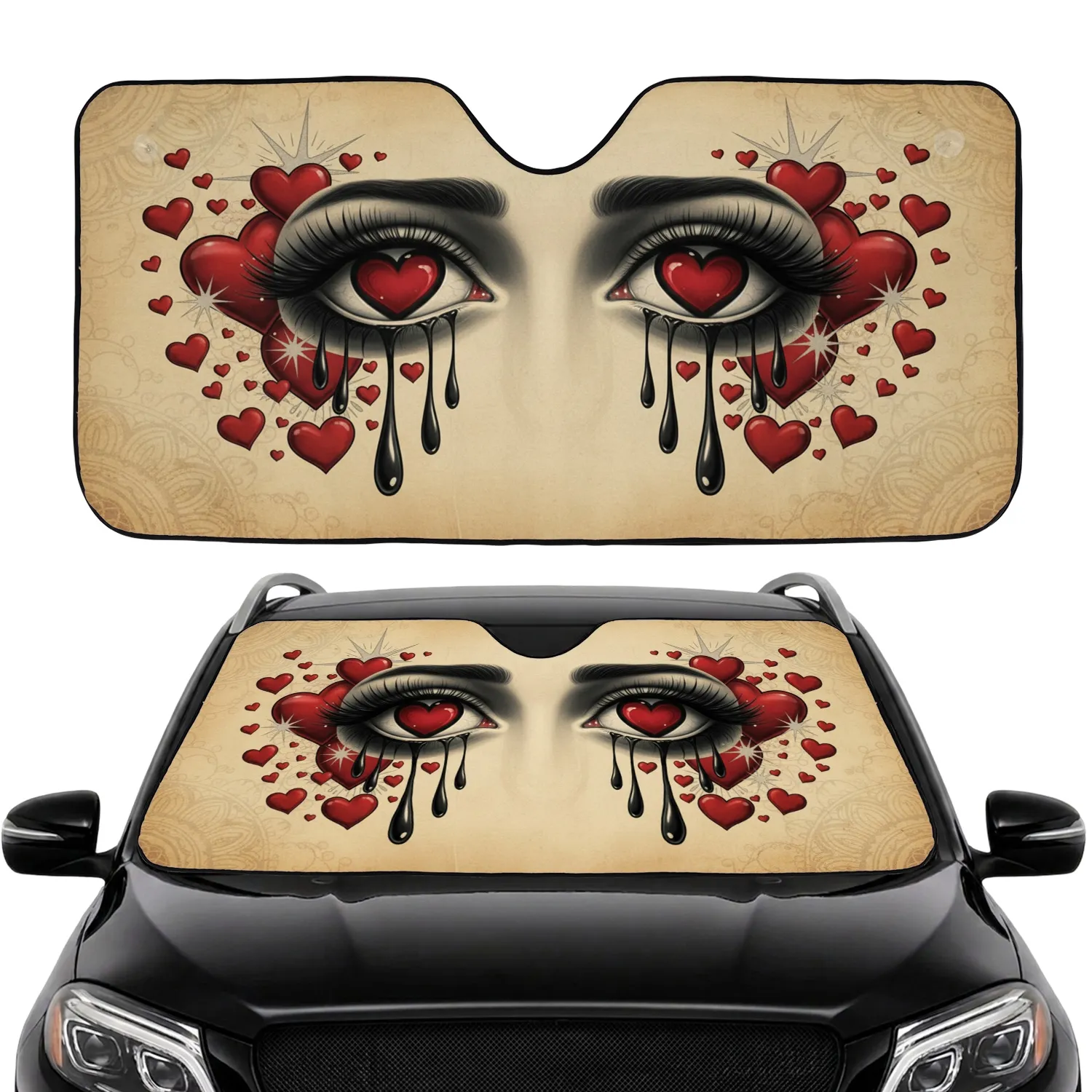 Red Heart Eyes Black Teardrops Floating Hearts Starbursts - Ornate Traditional Tattoo Art Lover Gift Car Sunshade - 1