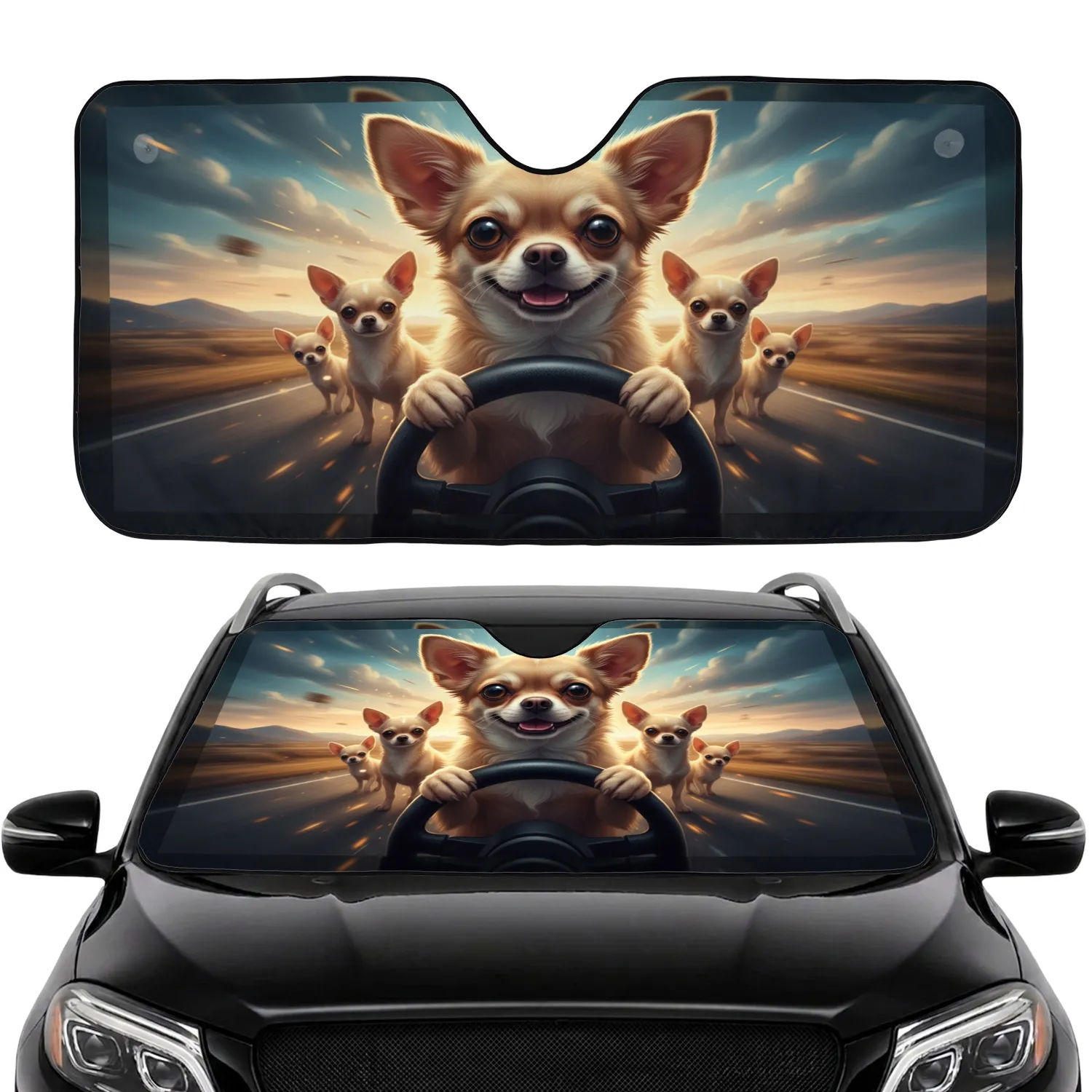 Chihuahua Dogs Driving Steering Wheel - Road Trip Adventure Pet Owner Gift Car Sunshade - 1