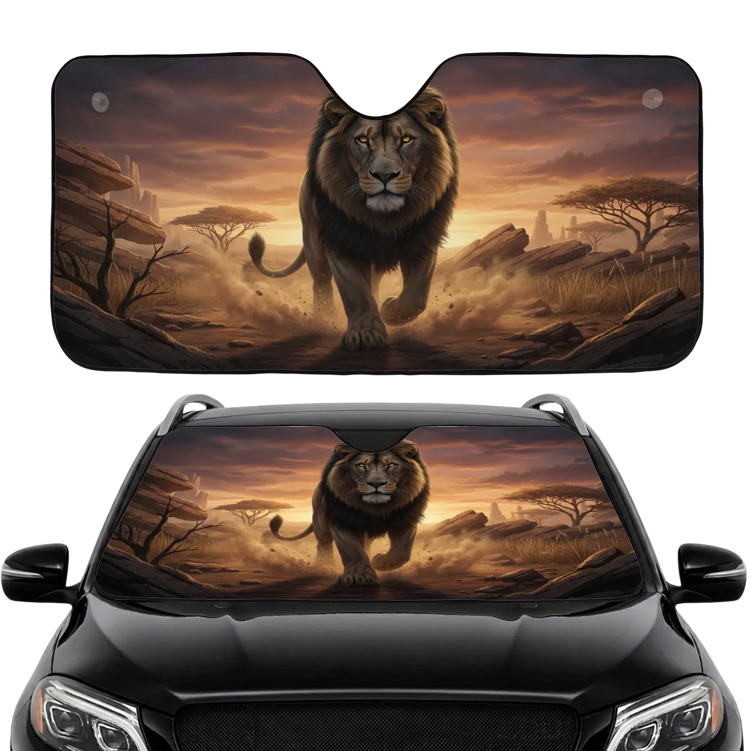 Powerful Male Lion Dark Mane Golden Eyes Savanna Rock Dust - Wildlife Lover Gift Car Sunshade - 1