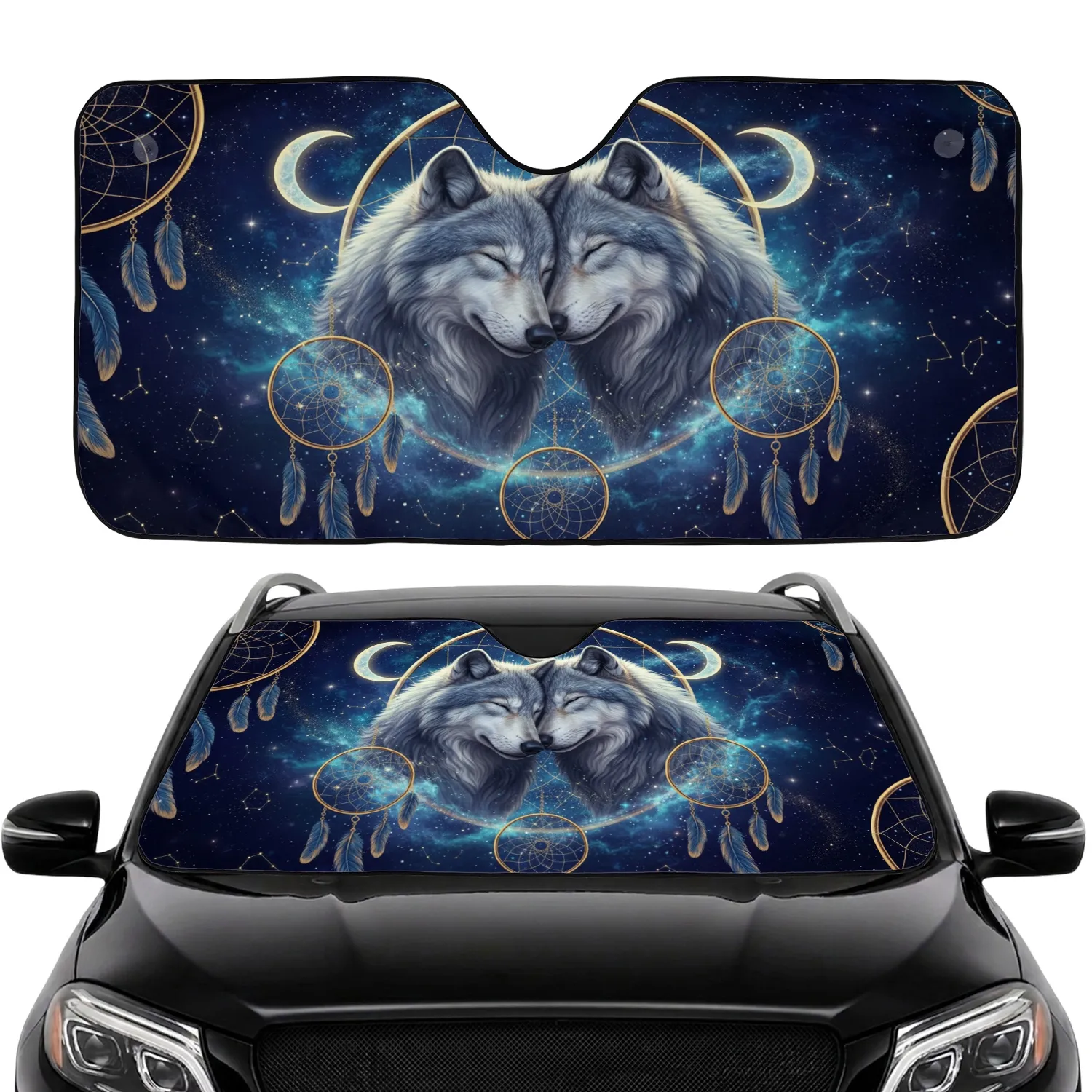 Majestic Wolves Dreamcatchers Glowing Moons - Celestial Lover Gift Car Sunshade - 1