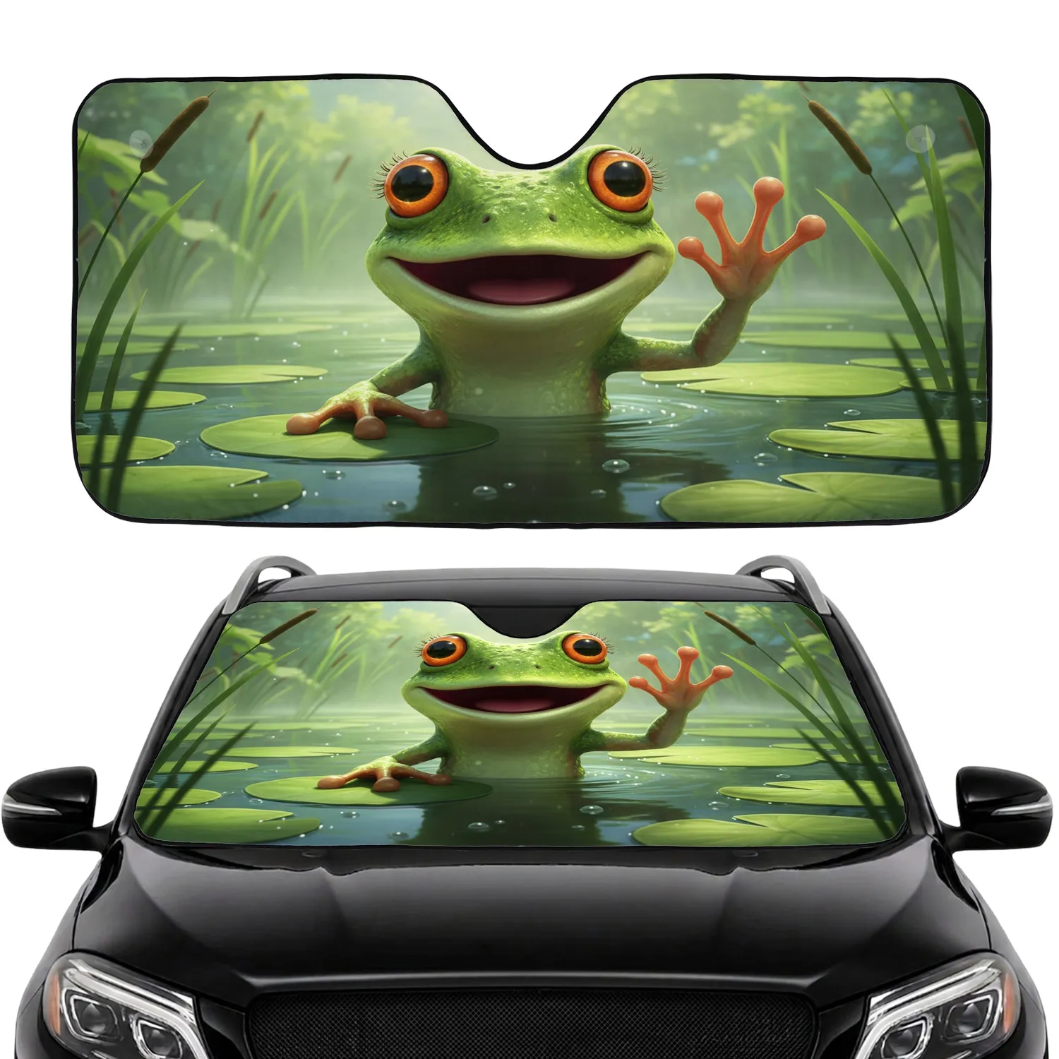 Vibrant Green Frog, Glossy Orange Eyes, Lily Pads Pond Life - Wildlife Lover Gift Car Sunshade - 1