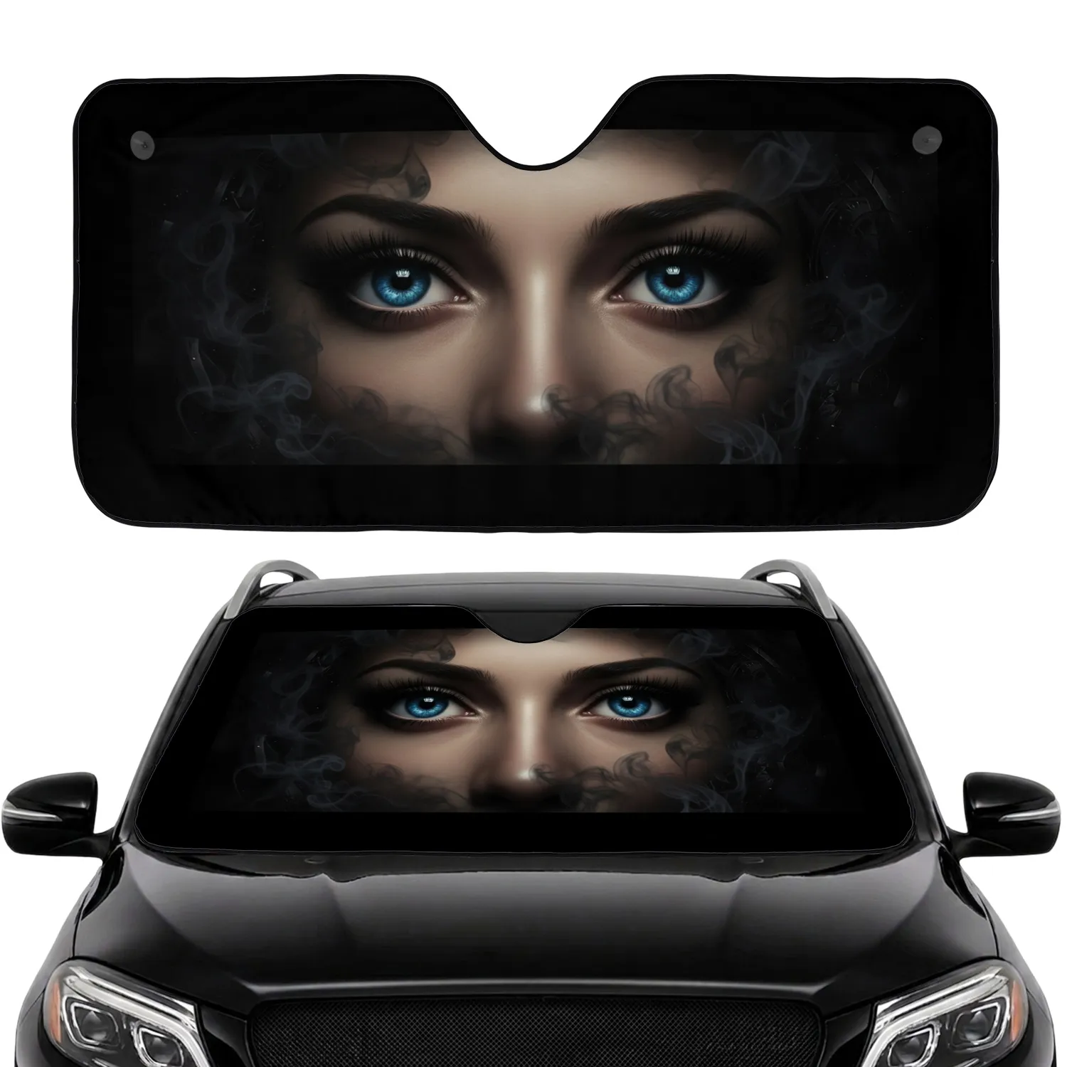 Luminous Blue Eyes Shadowy Face Atmospheric Cosmic Realm - Dramatic Style Accessory Car Sunshade - 1