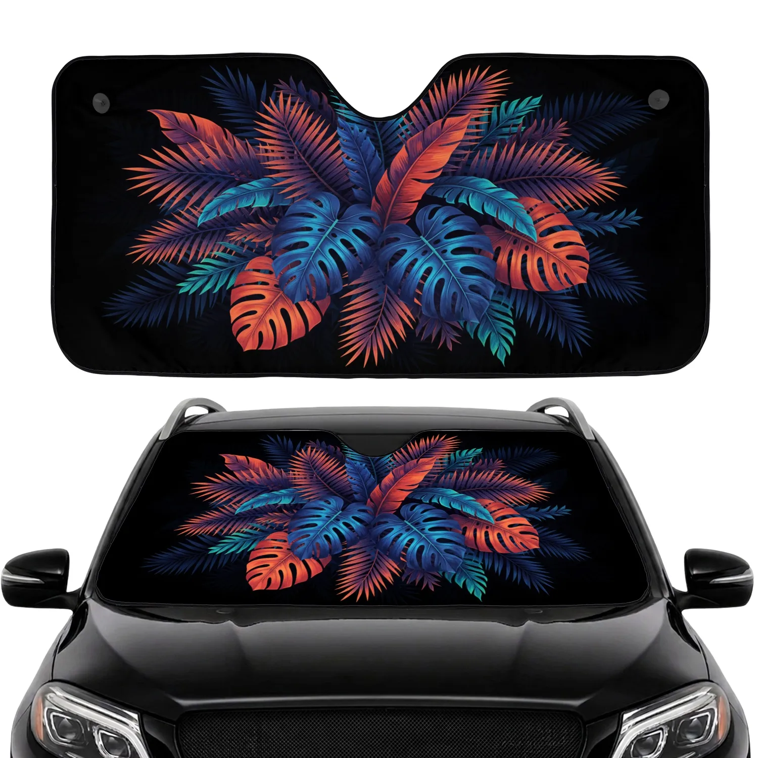 Exotic Monstera Leaves Palm Fronds Jungle Foliage - Travel Essentials Car Sunshade - 1