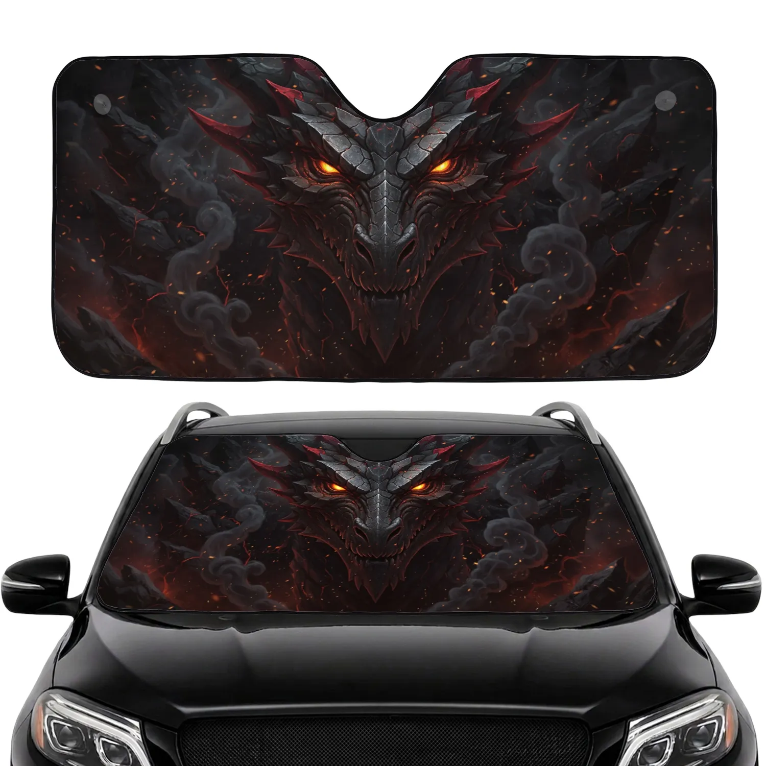 Menacing Fiery Dragon Face Glowing Eyes - Fantasy Creature Lover Gift Car Sunshade - 1
