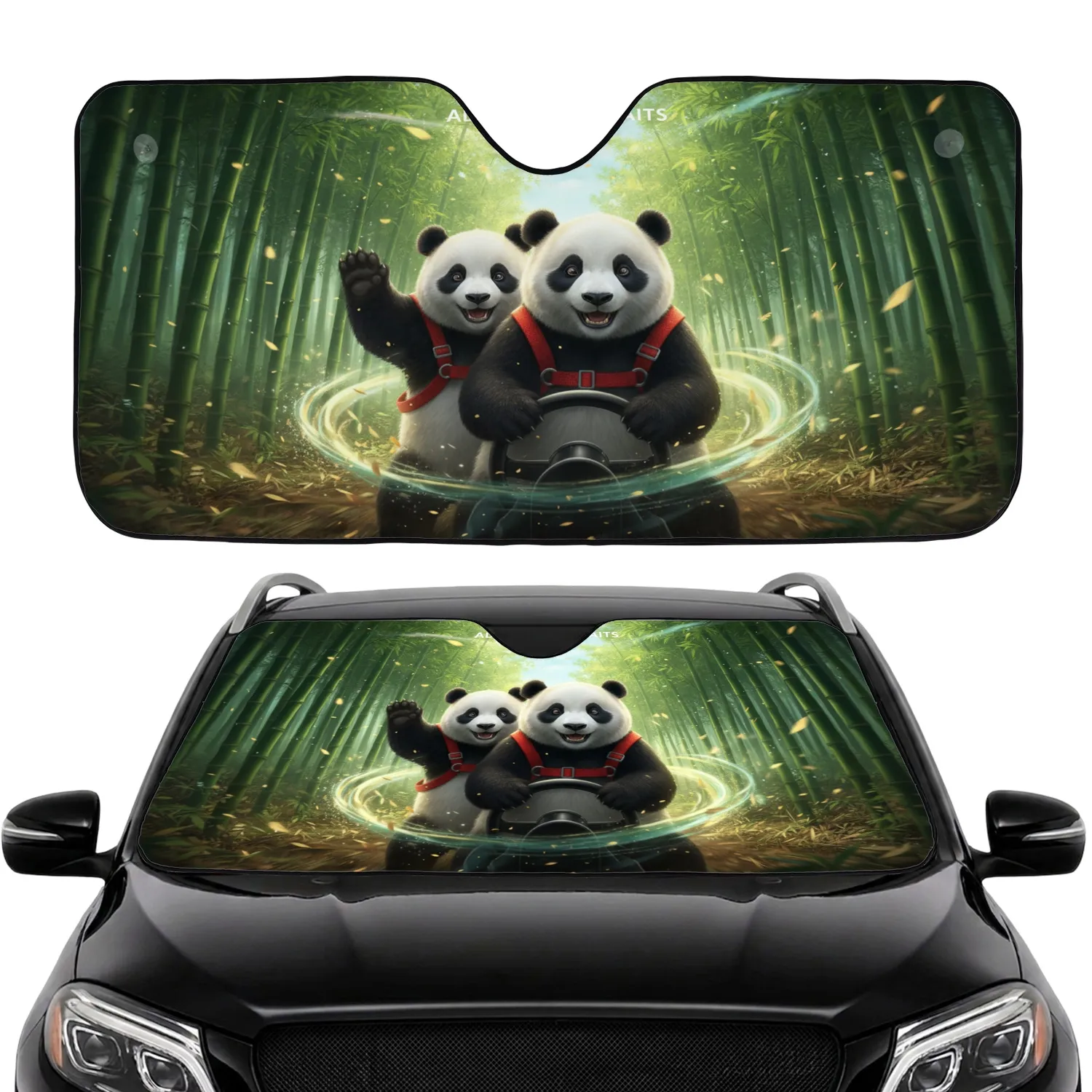 Two Giant Pandas Driving Lush Bamboo Forest - Adventure Seeker Wildlife Lover Gift Car Sunshade - 1