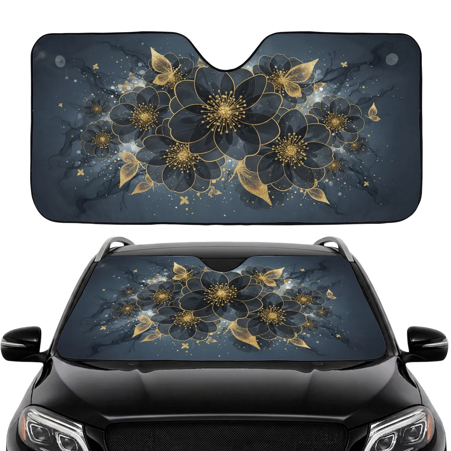Dark Translucent Botanical Flowers Gold Glitter Golden Butterfly Forms Everyday Use Car Sunshade - 1