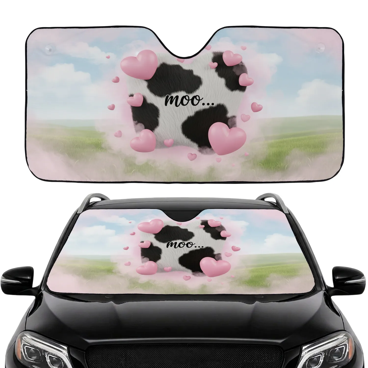 Pink Hearts Moo Cow Print Pastoral Landscape - Farmhouse Decor Gift for Cow Lover Car Sunshade - 1