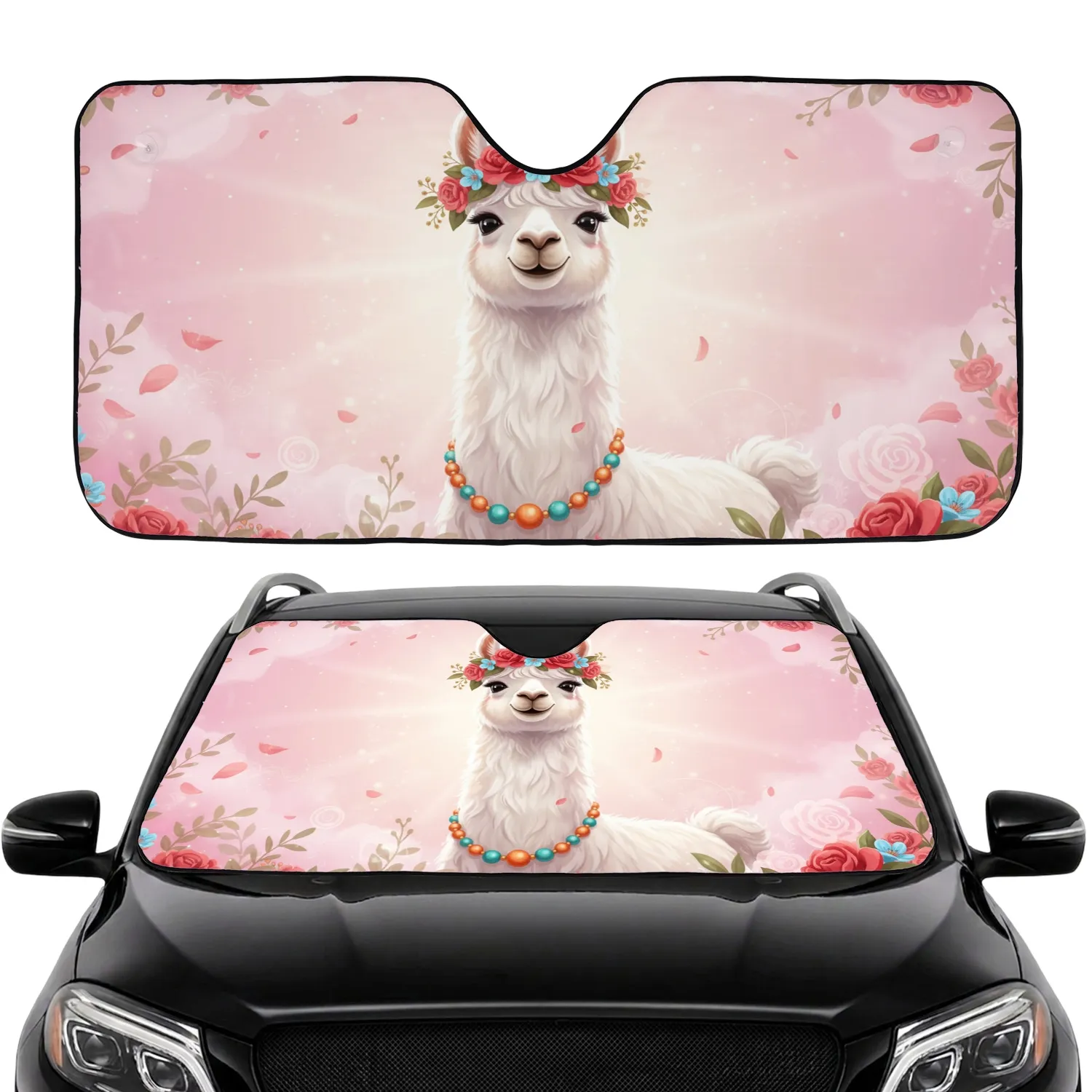 White Llama Floral Wreath Beaded Necklace - Car Decor Gift for Llama Lover Car Sunshade - 1