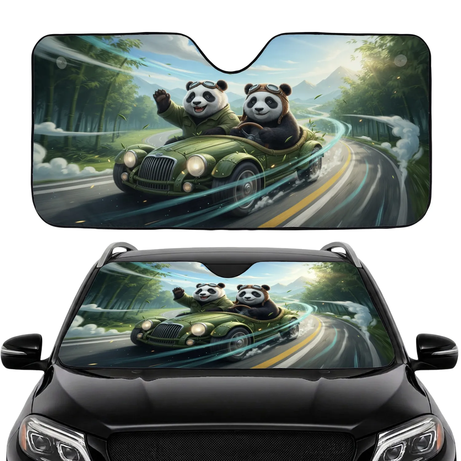 Panda Car Ride Adventure - Wildlife Lover Travel Essentials Gift Car Sunshade - 1