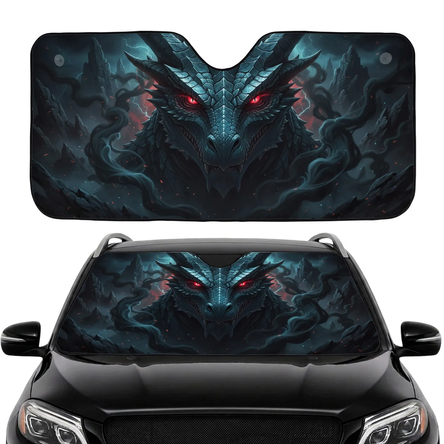 Shadowy Elemental Dragon Red Eyes Teal Scales Volcanic Rock Cosmic Abyss - Fantasy Car Decor Gift Car Sunshade - 1