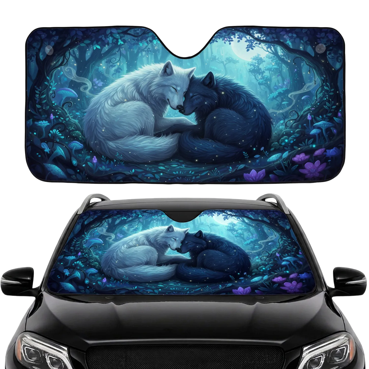 Intertwined Wolves Moonlit Forest - Ethereal Wildlife Lover Gift Car Sunshade - 1