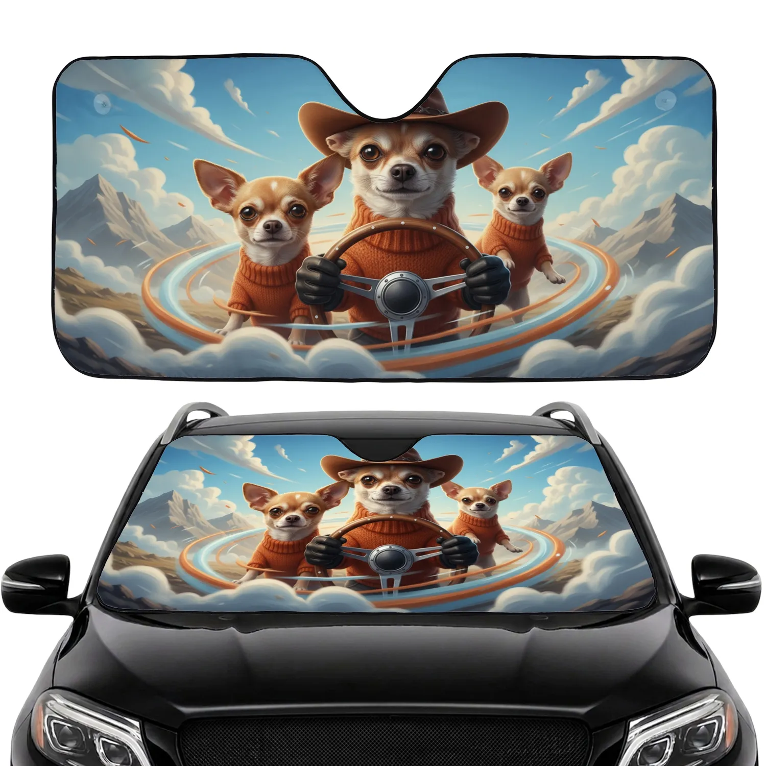 Chihuahua Dogs Mountain Road Trip Adventure - Travel Gift for Dog Owners Car Sunshade - 1
