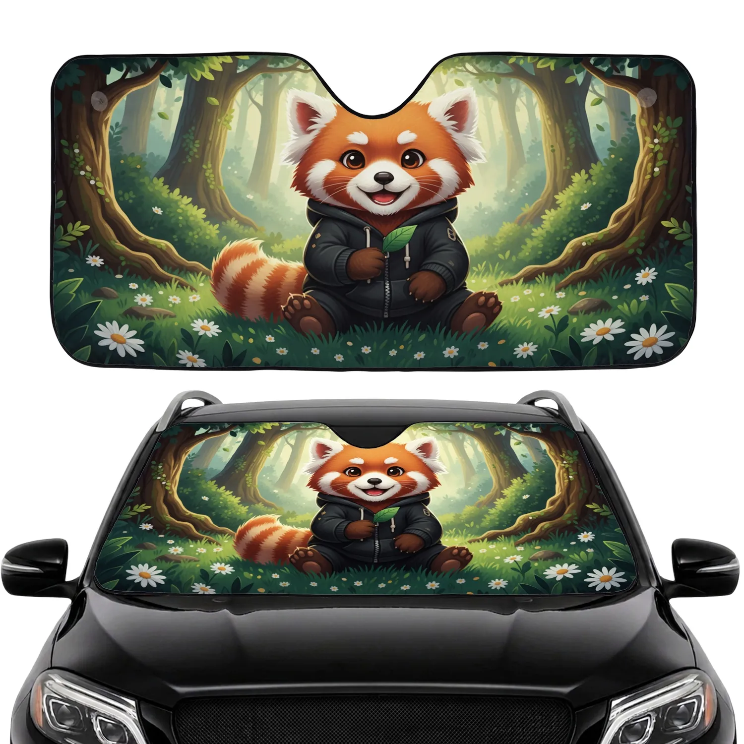 Red Panda Striped Tail Green Leaf Enchanted Forest Daisy Floral - Nature Wildlife Lover Gift Car Sunshade - 1