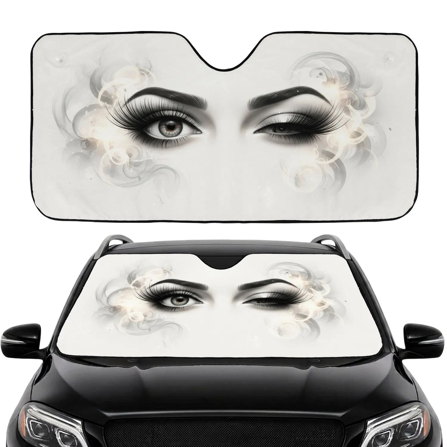Winking Eye Long Voluminous Eyelashes Arched Brows - Beauty Lover Gift Car Sunshade - 1