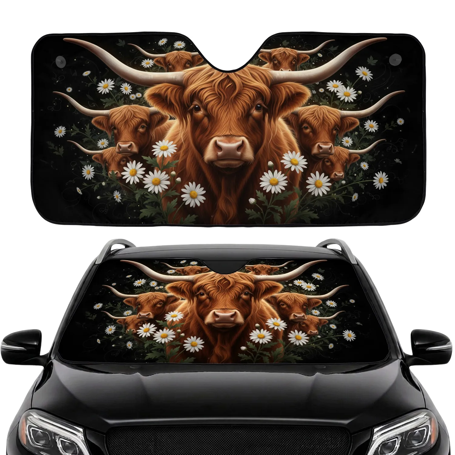 Gentle Highland Cow Wild Daisies Farmhouse Decor Gift for Cow Lover Car Sunshade - 1