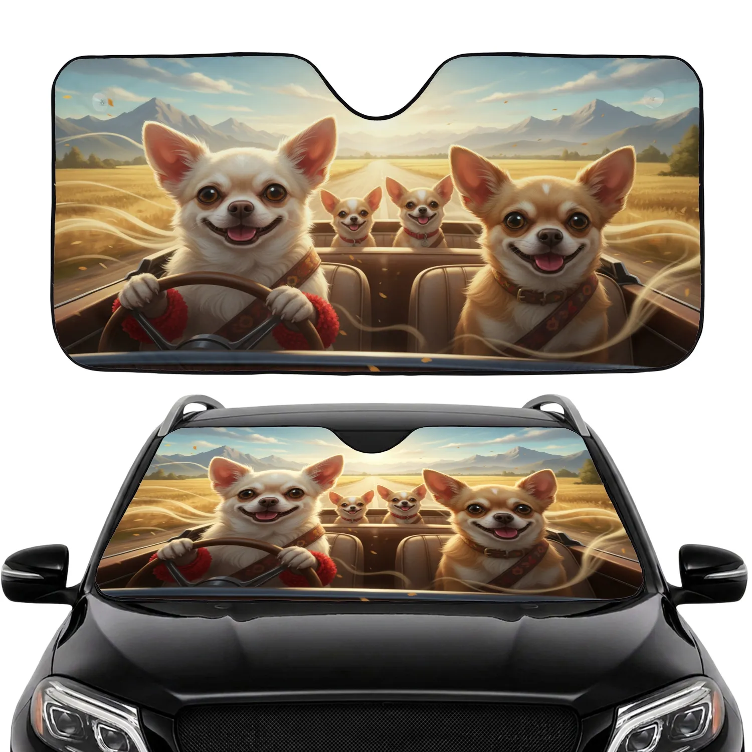 Chihuahua Dog Pack Road Trip Adventure - Dog Lover Travel Essentials Gift Car Sunshade - 1