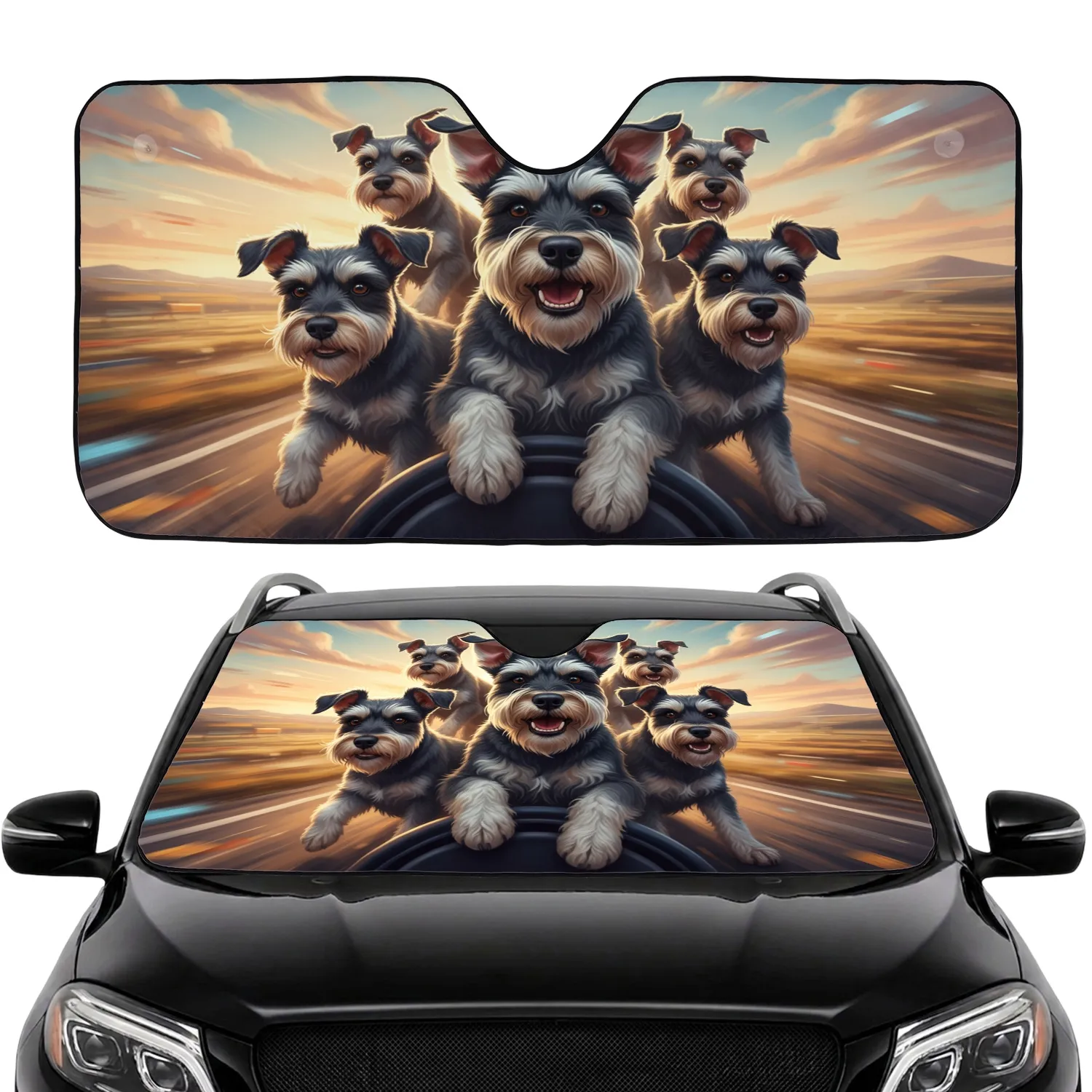 Four Happy Miniature Schnauzer Dogs Sun-Drenched Road Trip Adventure - Dog Lover Gift Car Sunshade - 1