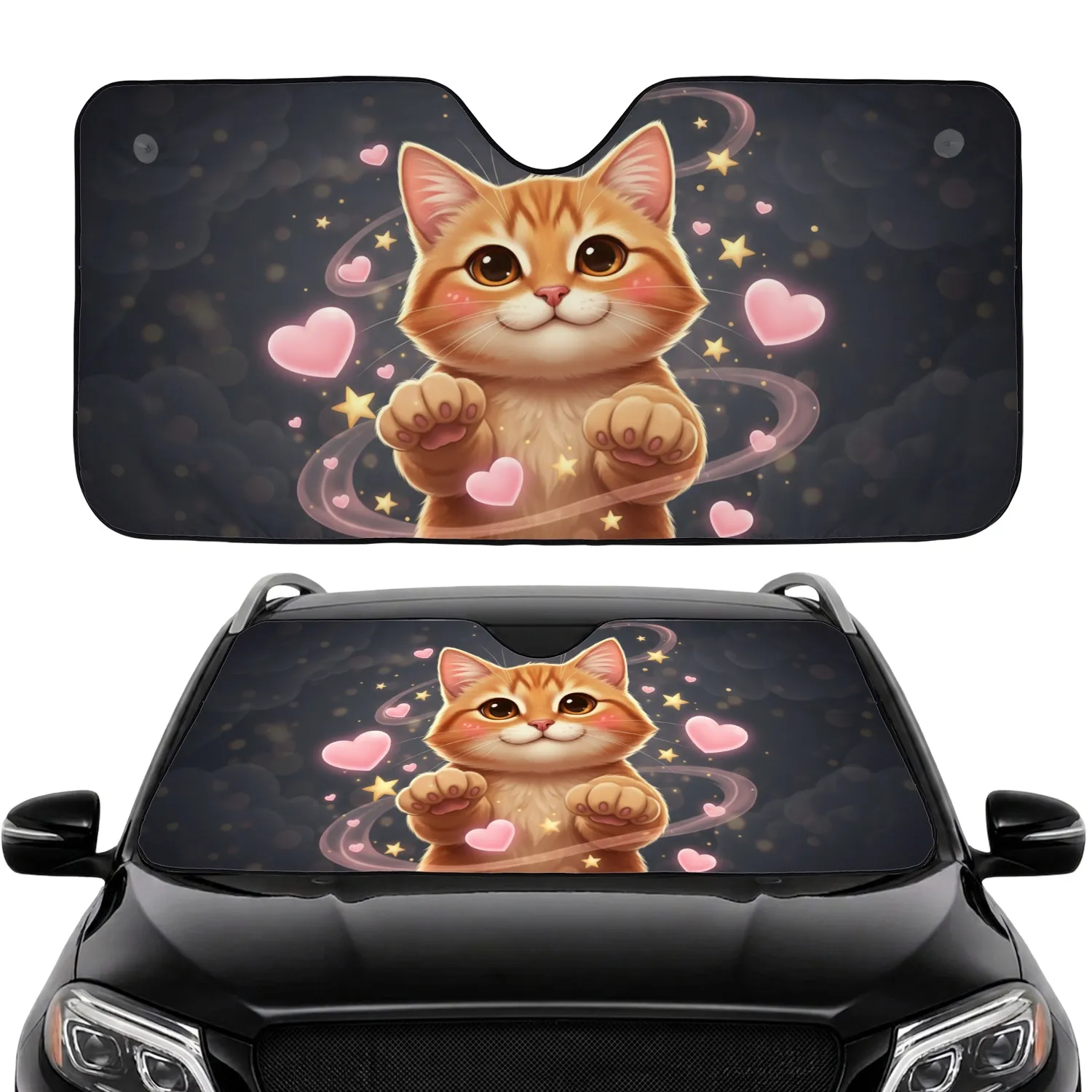 Ginger Tabby Cat Pink Hearts Gold Stars - Cat Lover Car Decor Gift Car Sunshade - 1