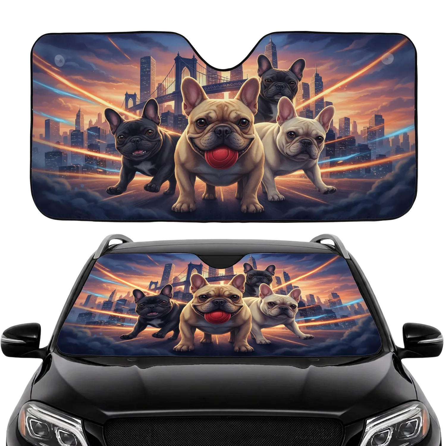 Four French Bulldogs Cityscape Suspension Bridge - Pet Lover Travel Gift Car Sunshade - 1