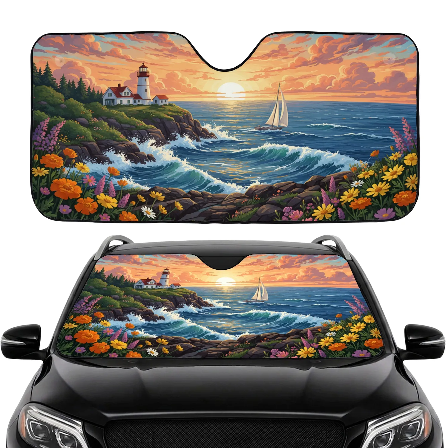 Golden Sunrise Seascape Lighthouse Sailboat Flowers - Ocean Lover Gift Car Sunshade - 1