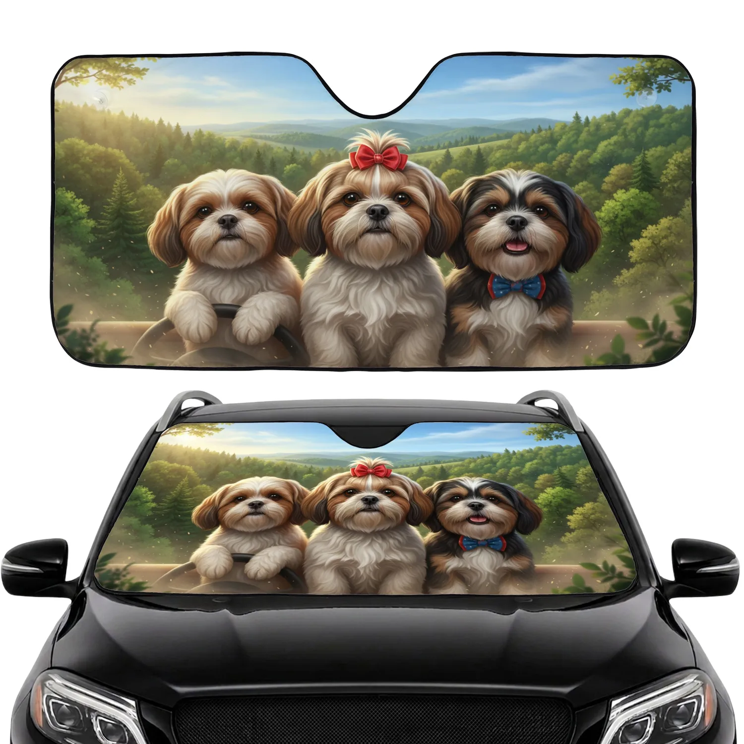 Three Shih Tzu Dogs Countryside Travel Landscape - Dog Lover Gift Car Sunshade - 1