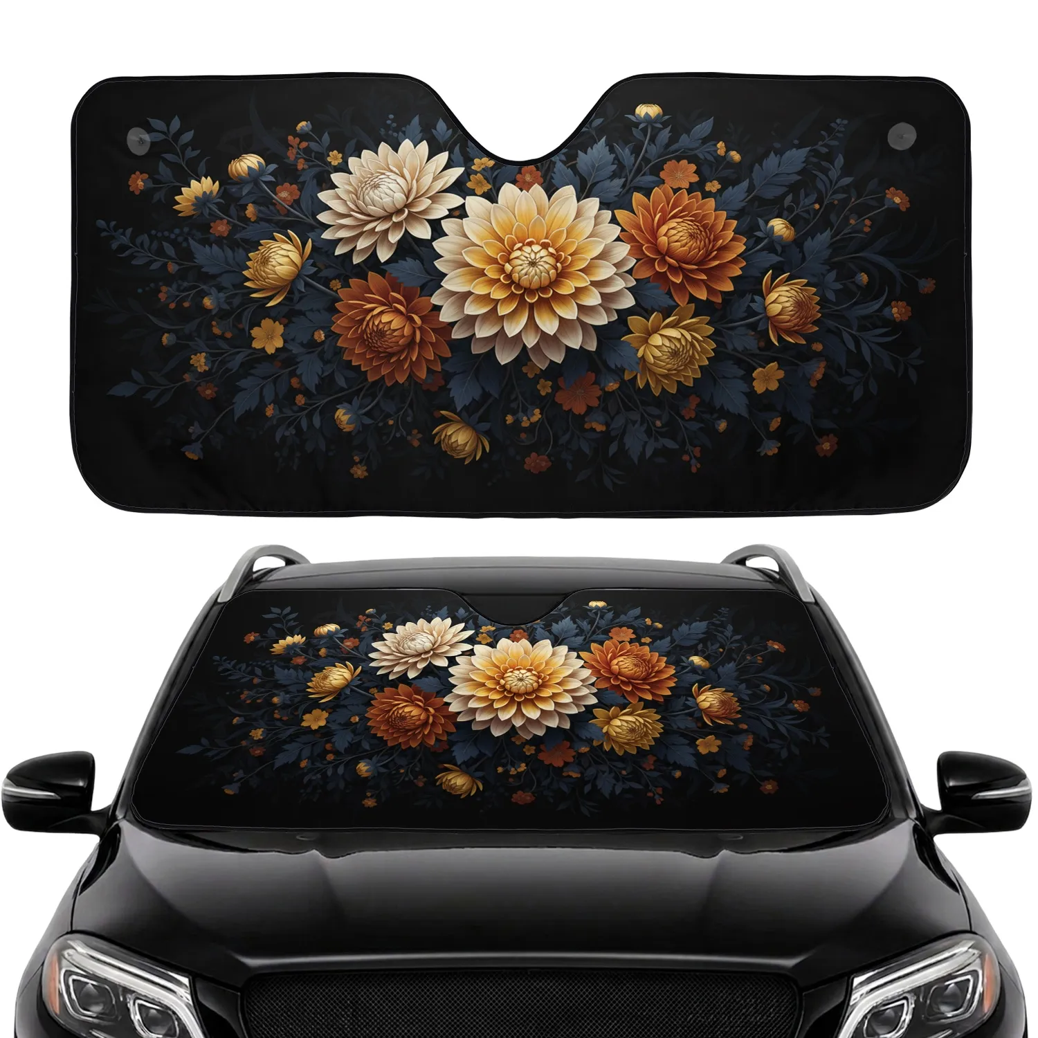 Cream Golden Dahlia Chrysanthemum Botanical Tapestry - Car Decor Gift Car Sunshade - 1