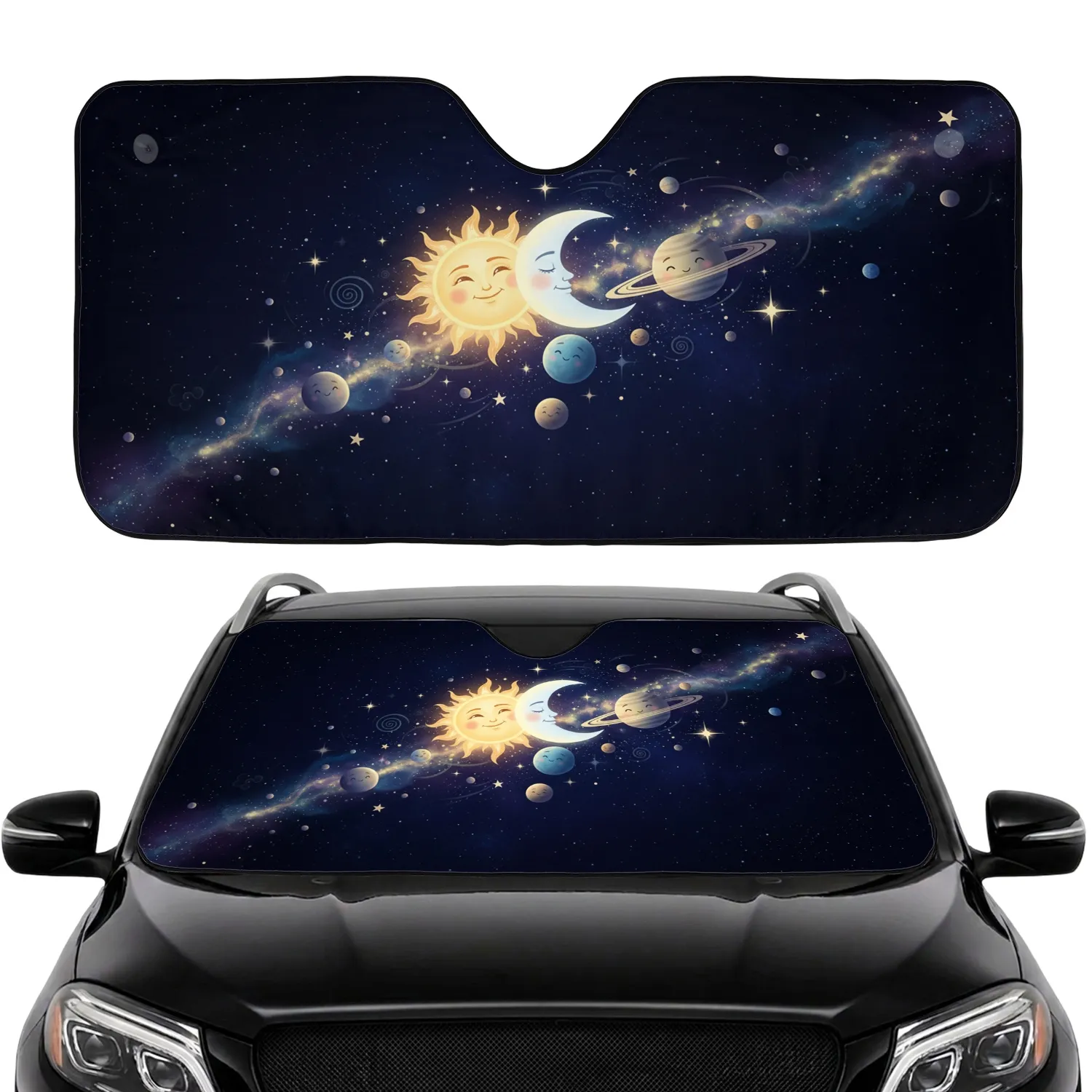 Smiling Sun Moon Planet Celestial Cluster - Space Lover Gift Car Sunshade - 1