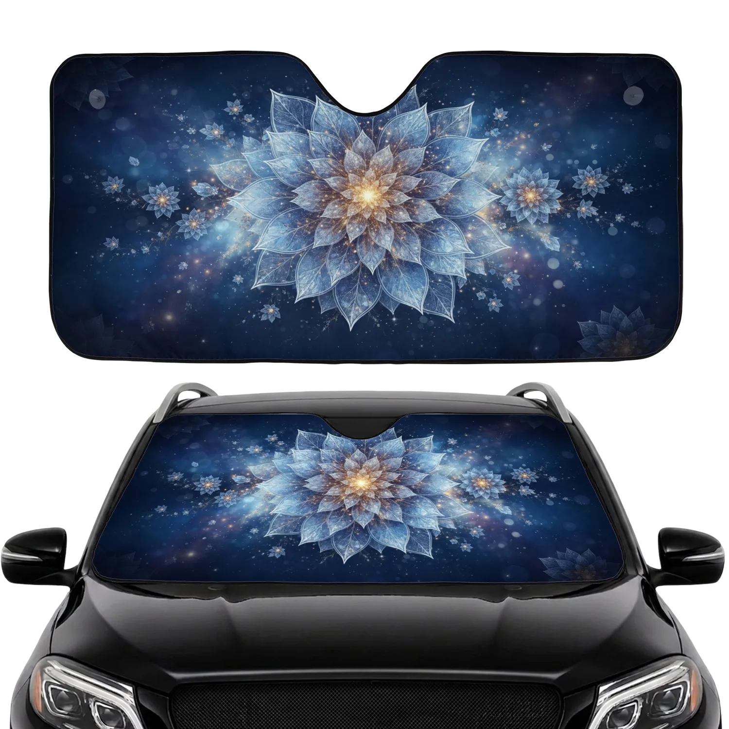 Crystalline Fractal Flower Golden Core Cosmic Night Sky - Stargazer Decor Gift Car Sunshade - 1