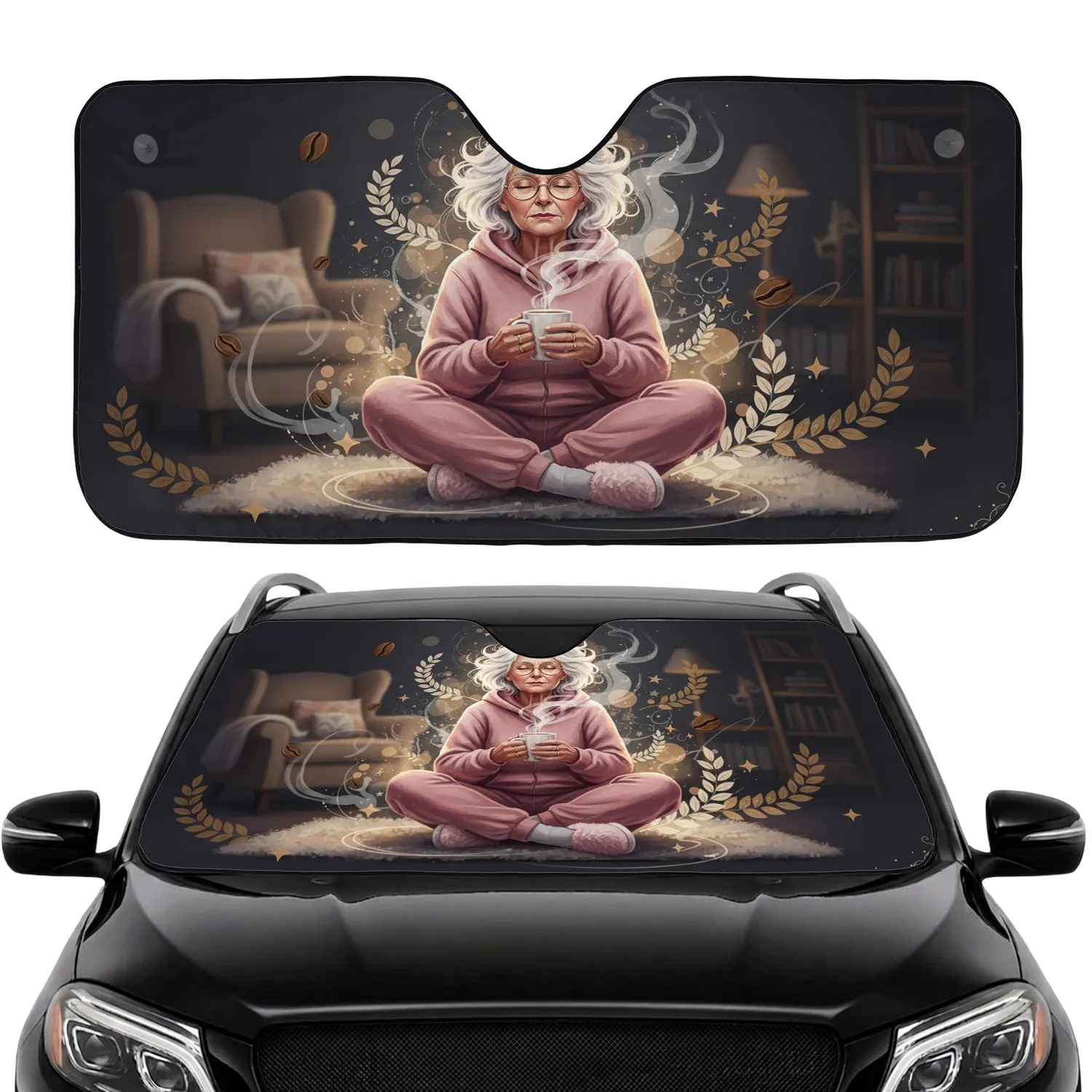 Older Woman Glasses Pink Tracksuit Steaming Coffee Mug - Pre-Dawn Morning Coffee Ritual Car Sunshade - 1