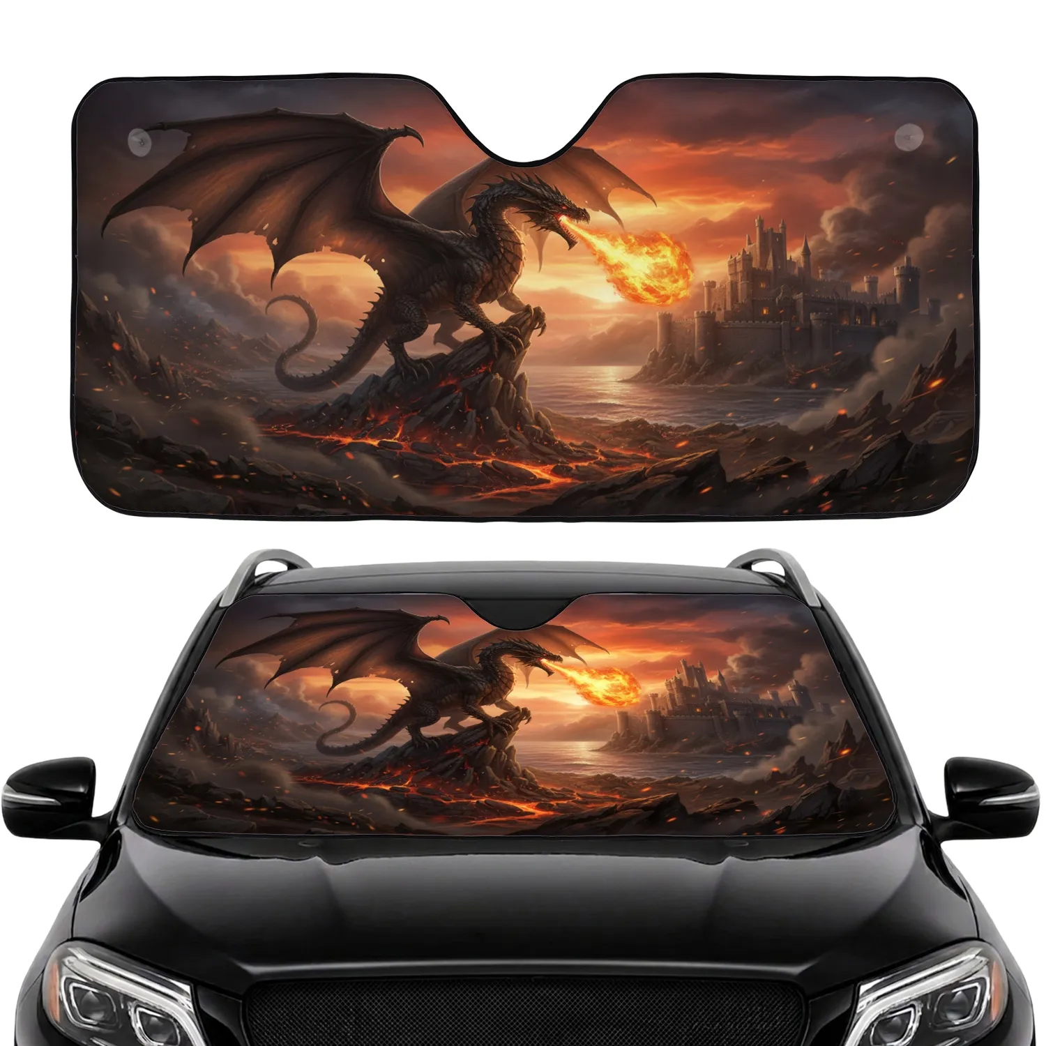 Menacing Black Dragon Fiery Castle Volcanic Landscape - Fantasy Lover Gift Car Sunshade - 1