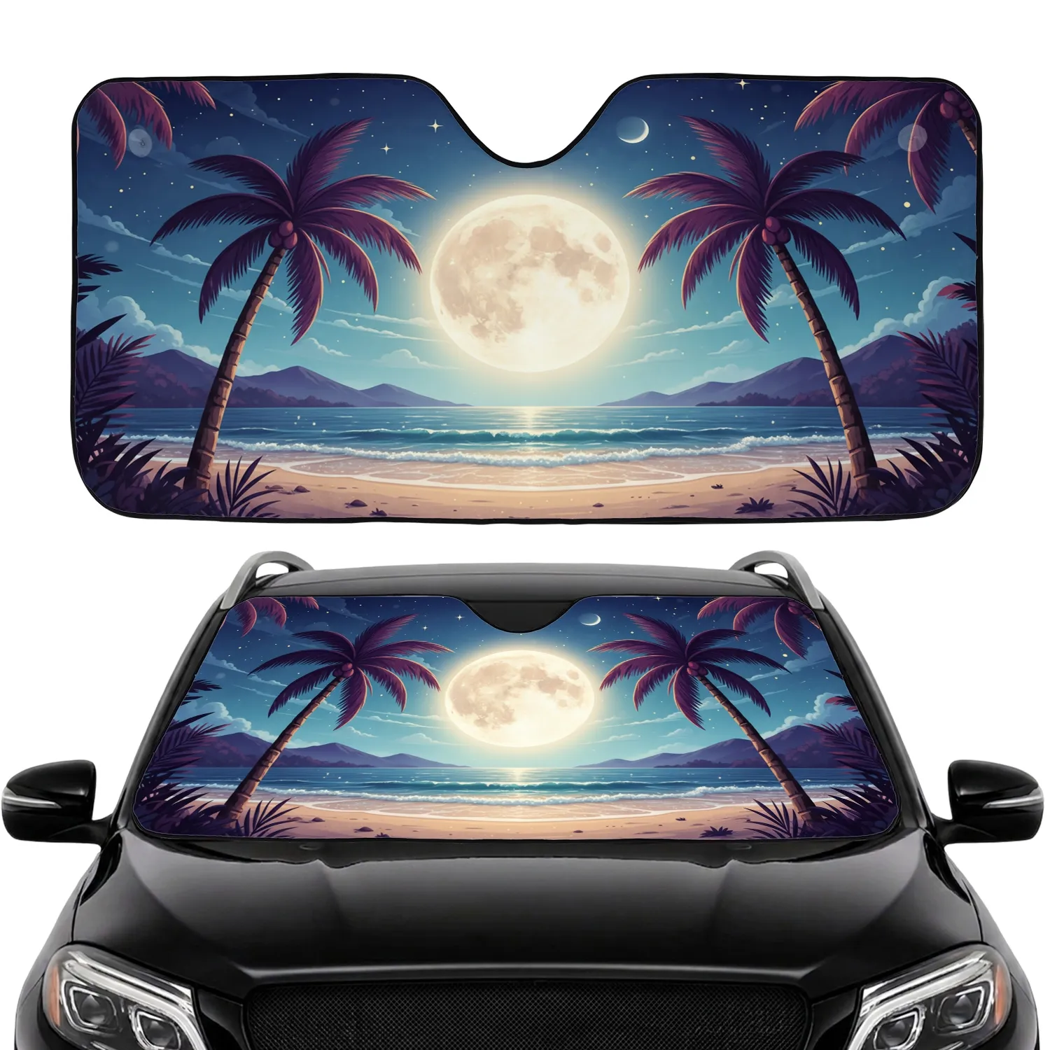Moonlit Full Moon Tropical Palm Trees Ocean Beach - Tropical Lover Gift Car Sunshade - 1