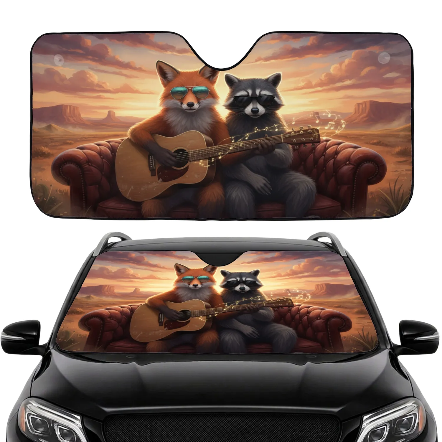 Fox Raccoon Guitar Sunset Road - Music Lover Road Trip Gift Car Sunshade - 1